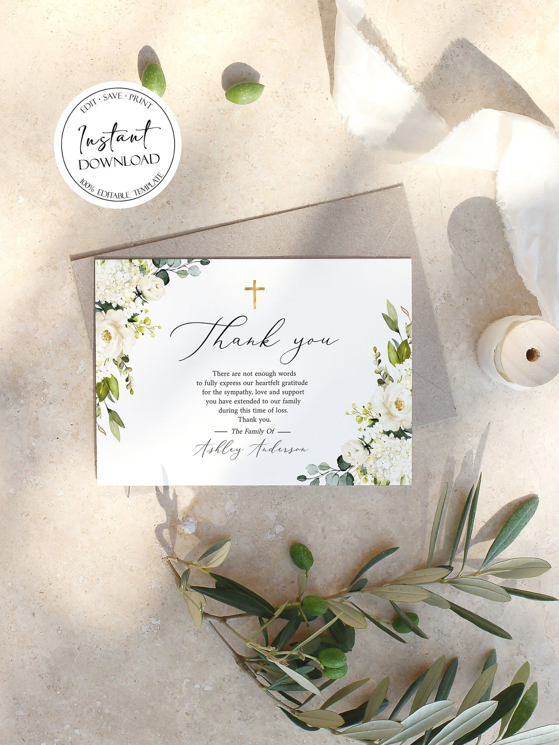 Celebration of life White Greenery Floral Gold Cross Photo Funeral Thank you Card Template, Printable Memorial Thank You Cards Sympathy Thank you Cards