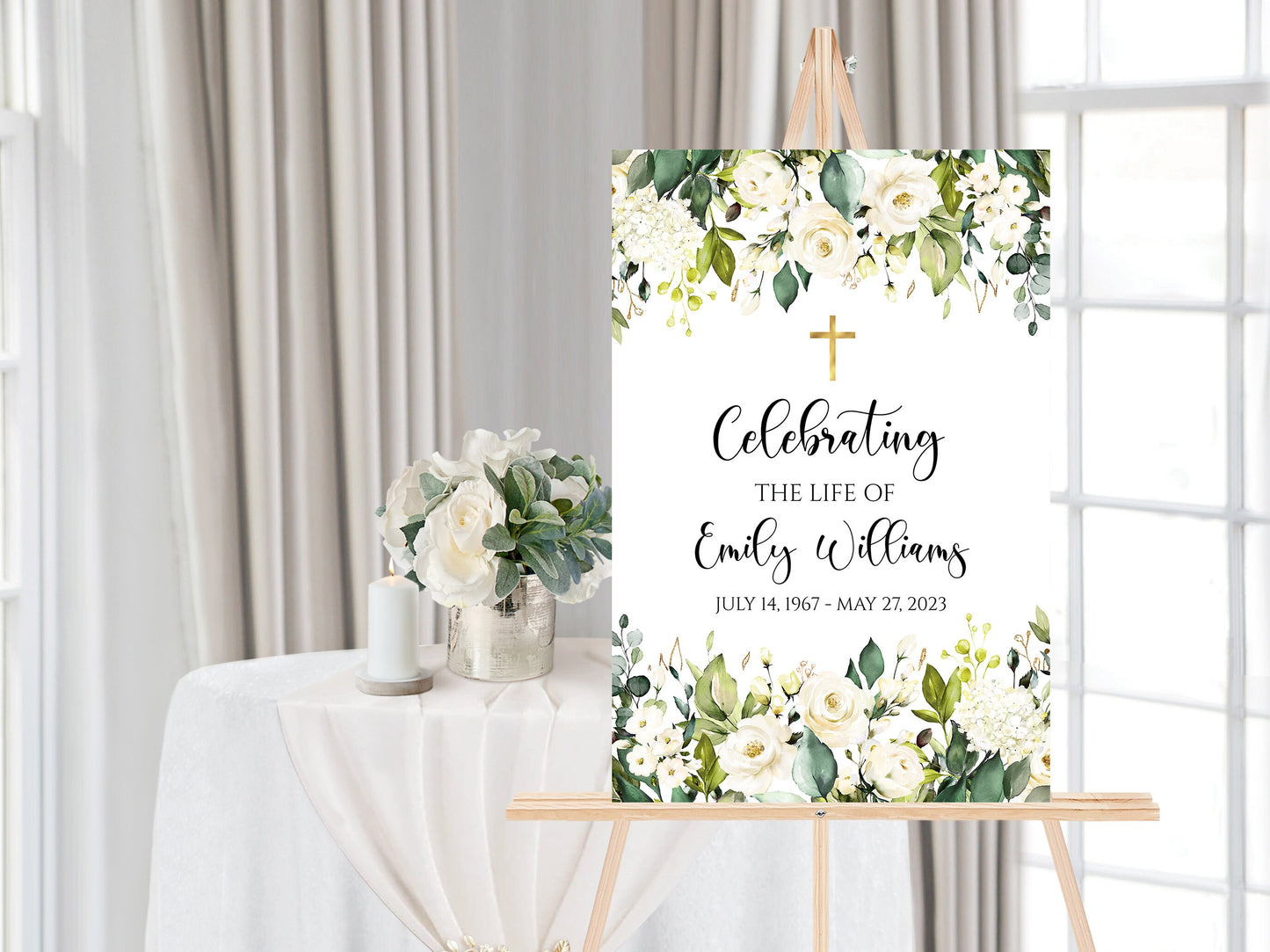 Celebration Of Life White Greenery Floral Gold Cross Funeral Welcome Sign Template Gold Cross Memorial Sign, Memorial Poster, Editable Funeral Poster