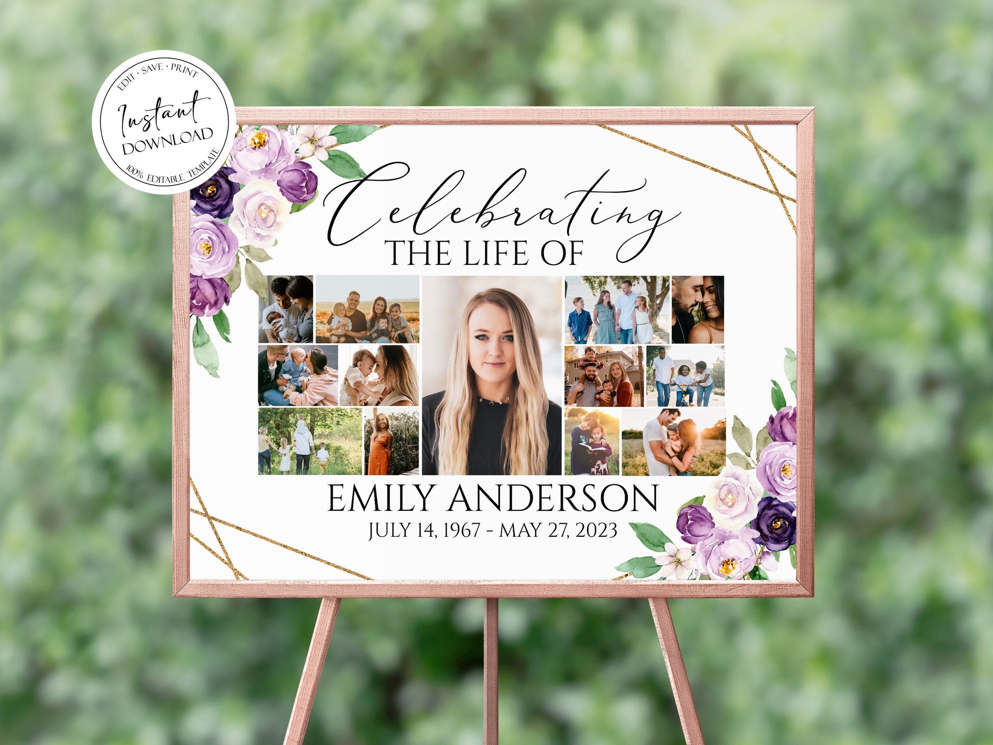 Celebration Of Life Multiple Photos Funeral Welcome Sign, Editable Simple Floral Purple Photo Collage Funeral Poster, Photo Collage Memorial Service Sign, P1