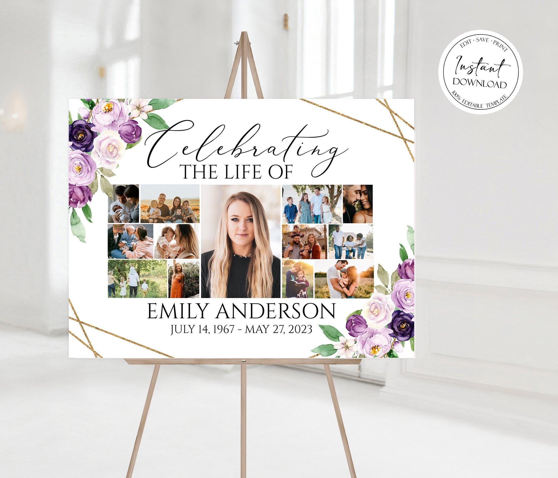 Celebration Of Life Multiple Photos Funeral Welcome Sign, Editable Simple Floral Purple Photo Collage Funeral Poster, Photo Collage Memorial Service Sign, P1