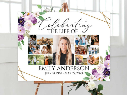 Celebration Of Life Multiple Photos Funeral Welcome Sign, Editable Simple Floral Purple Photo Collage Funeral Poster, Photo Collage Memorial Service Sign, P1