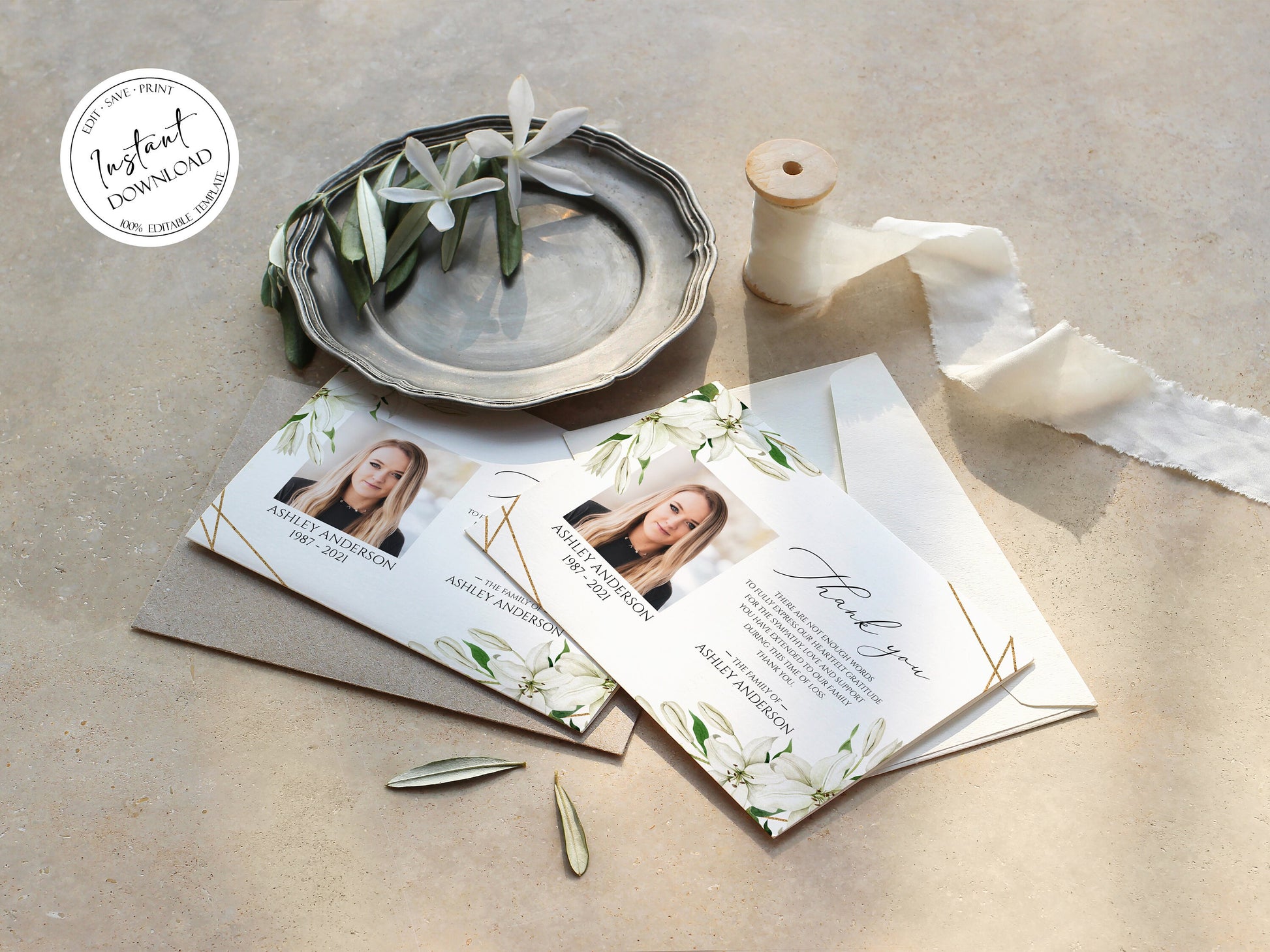 Celebration of life White Lilies Greenery Gold Photo Funeral Thank you Card Template, Printable White Lilies Memorial Thank You Card Template Editable Sympathy Card