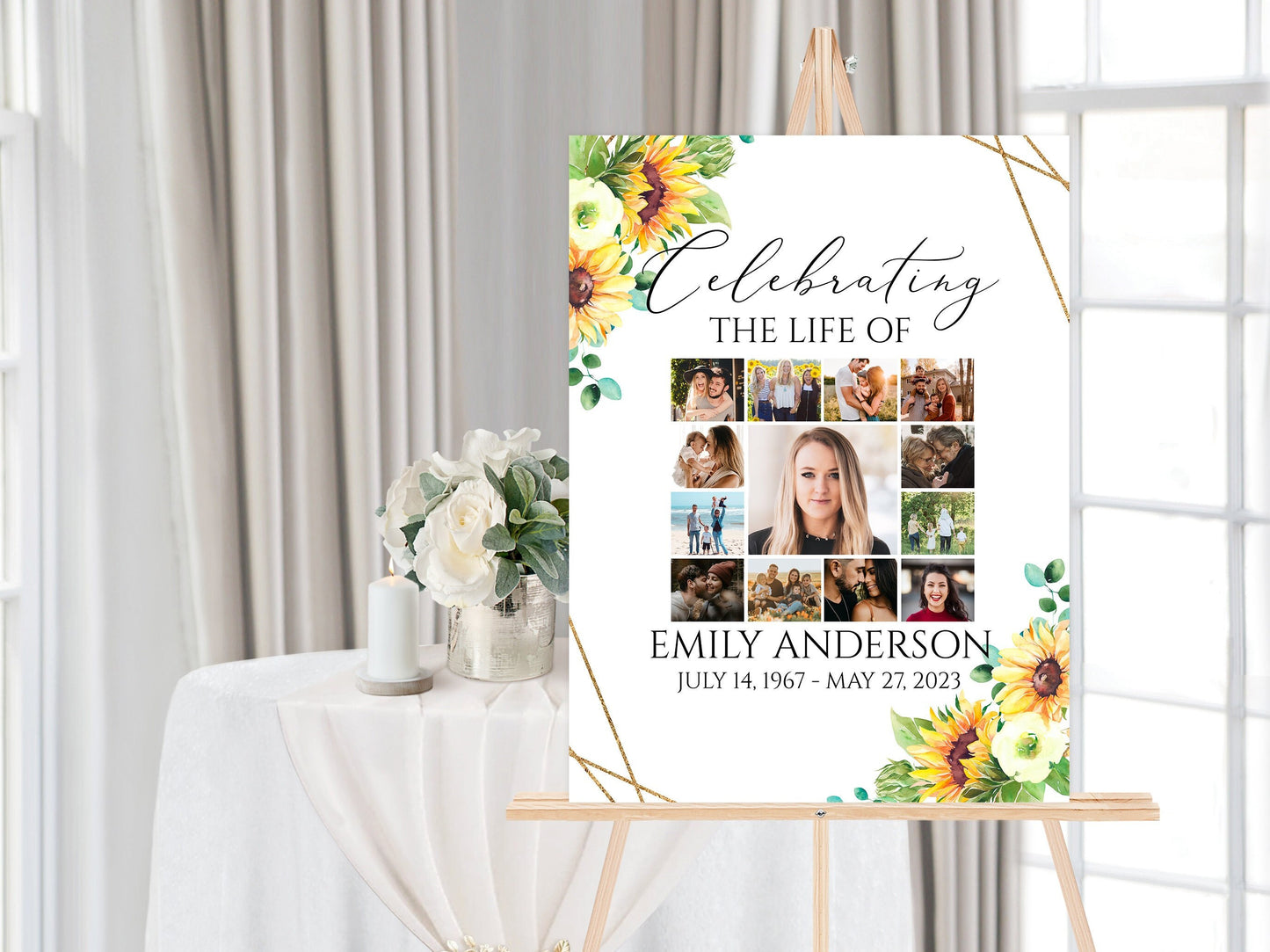 Celebration Of Life Sunflower Photo Collage Funeral Welcome Sign Template, Sunflower Photo Collage Funeral Poster, Sunflower Photo Collage Memorial Service Sign