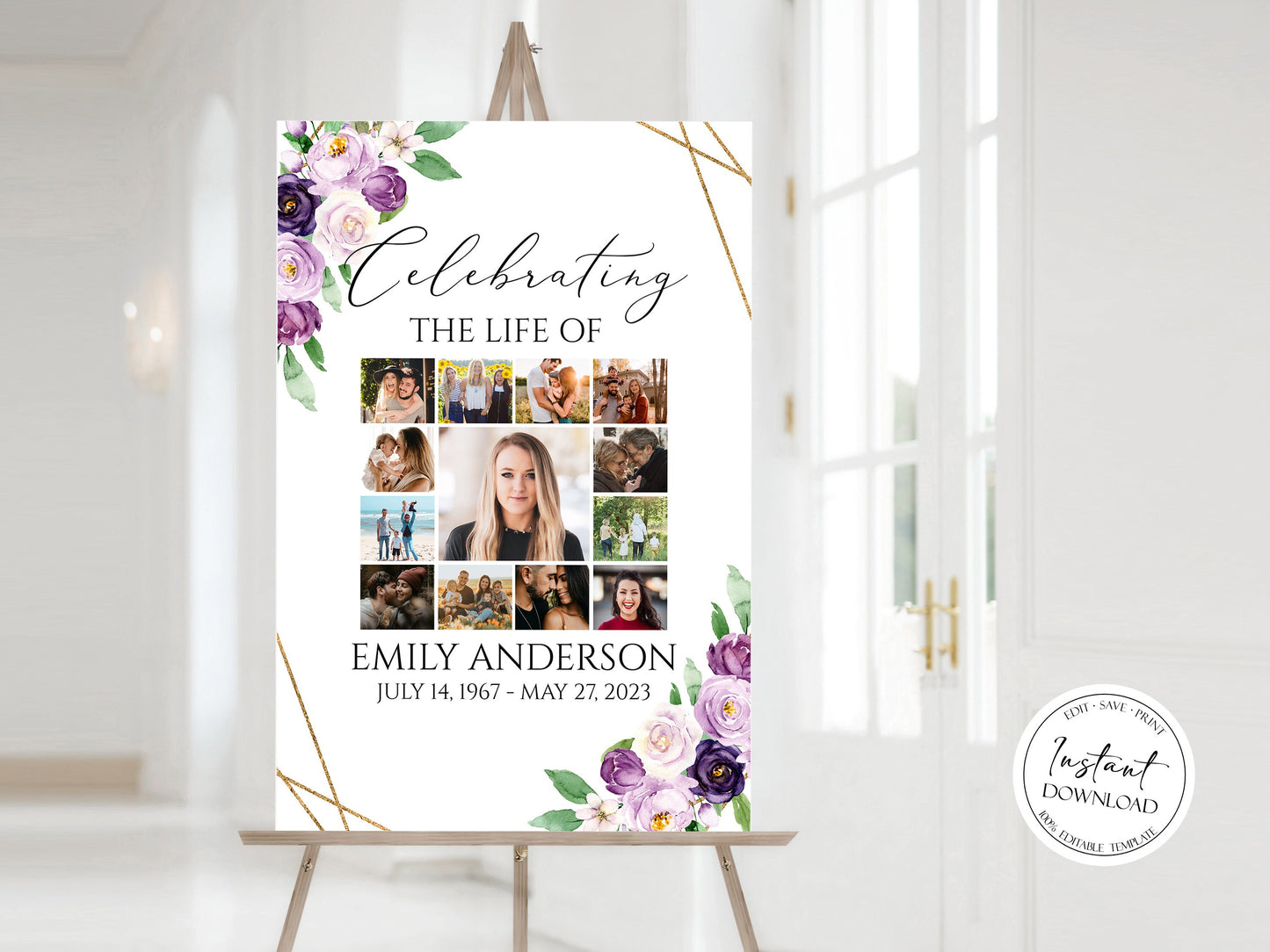 Celebration Of Life Photo Collage Funeral Welcome Sign, Purple Flowers Photo Collage Funeral Poster, Photo Collage Memorial Service Sign, P1