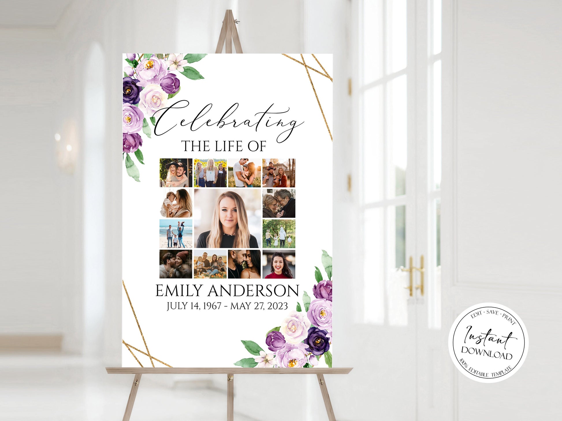 Celebration Of Life Photo Collage Funeral Welcome Sign, Purple Flowers Photo Collage Funeral Poster, Photo Collage Memorial Service Sign, P1