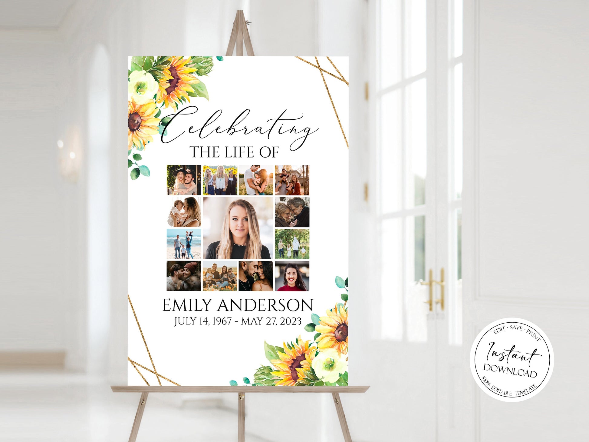 Celebration Of Life Sunflower Photo Collage Funeral Welcome Sign Template, Sunflower Photo Collage Funeral Poster, Sunflower Photo Collage Memorial Service Sign