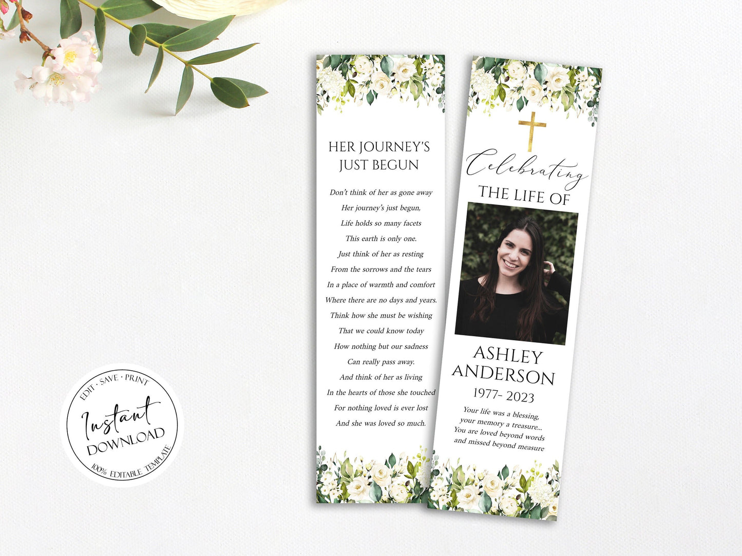 Celebration of Life White Greenery Floral Gold Cross Funeral Bookmark Template, Gold Cross Memorial Bookmark Catholic Funeral Keepsake Bookmark for funeral Funeral Favor