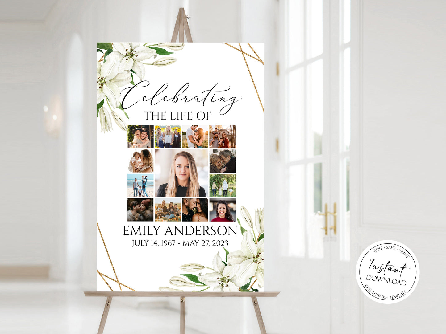 Celebration Of Life White Lilies Greenery Gold Photo Collage Funeral Welcome Sign Template, White Lilies Photo Collage Funeral Poster, Collage Memorial Service Sign