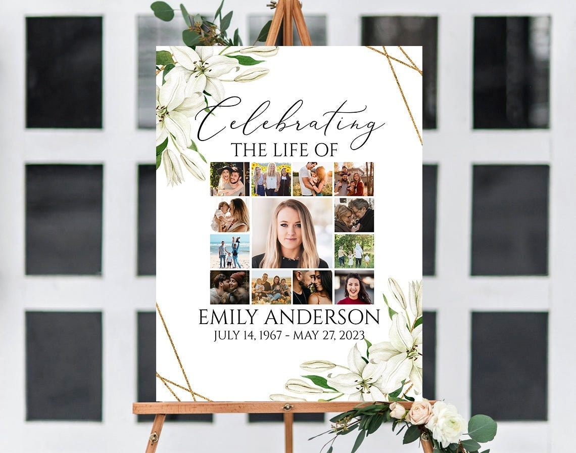 Celebration Of Life White Lilies Greenery Gold Photo Collage Funeral Welcome Sign Template, White Lilies Photo Collage Funeral Poster, Collage Memorial Service Sign