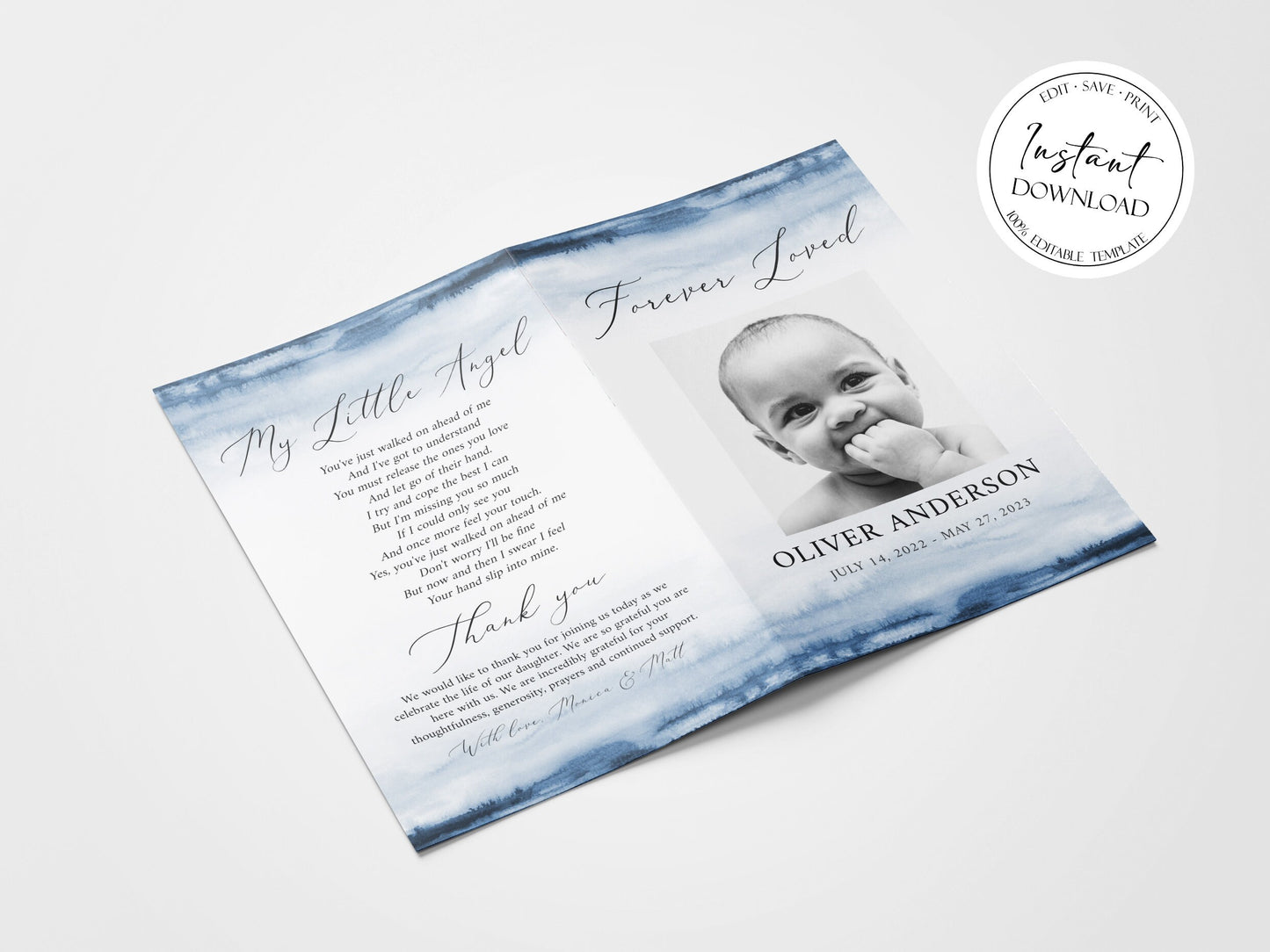 Blue Watercolor Celebration of Life Funeral Program Template B4