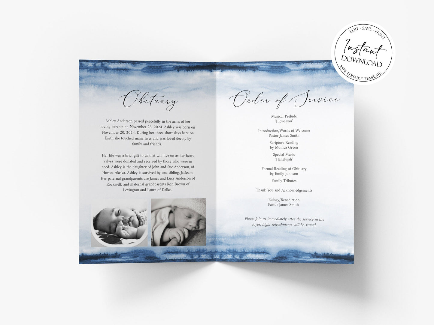 Blue Watercolor Celebration of Life Funeral Program Template B4