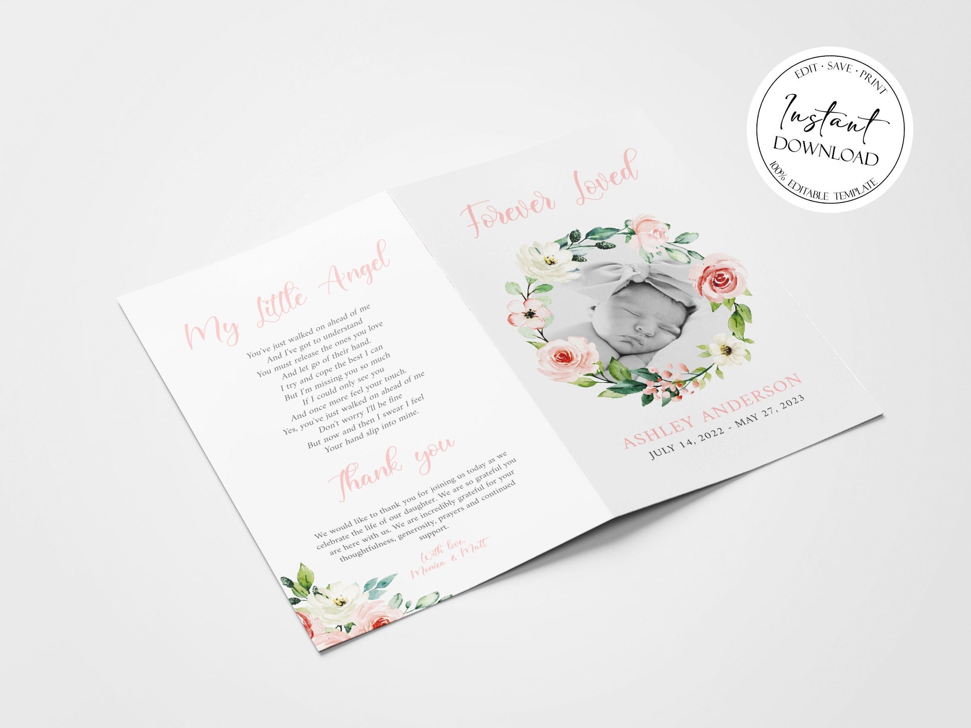 Forever Loved Child Baby Girl Blush Pink Roses Greenery Funeral Program Template, Child Funeral, Girl Funeral Program, Baby Memorial Program Funeral for baby