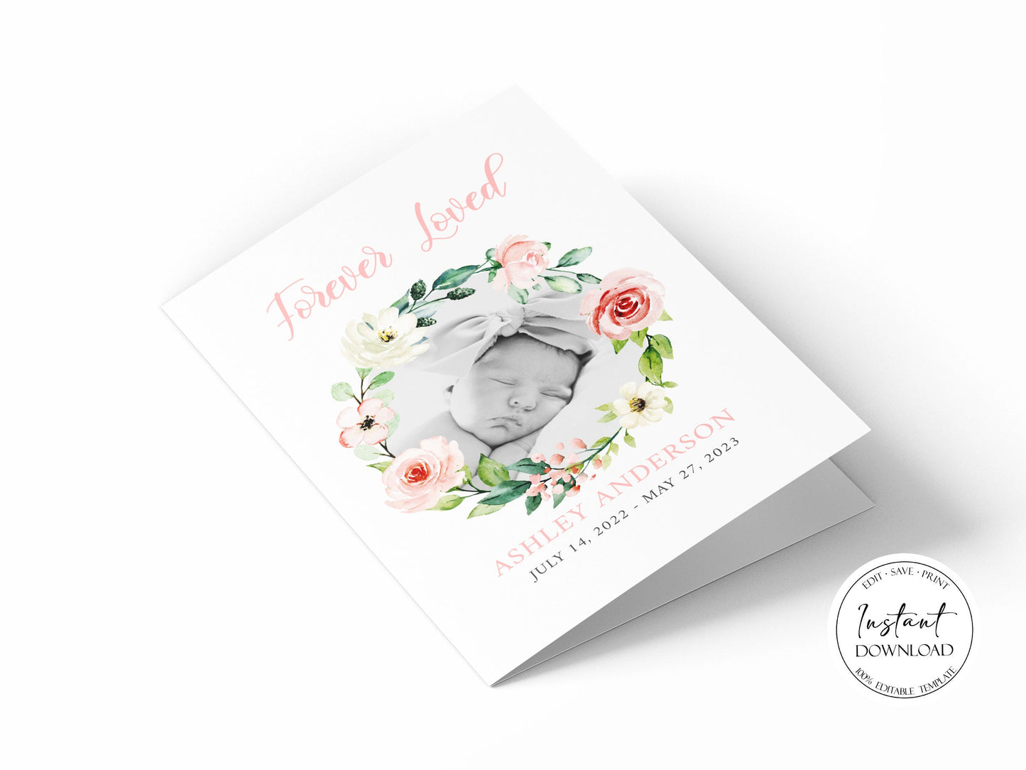 Forever Loved Child Baby Girl Blush Pink Roses Greenery Funeral Program Template, Child Funeral, Girl Funeral Program, Baby Memorial Program Funeral for baby