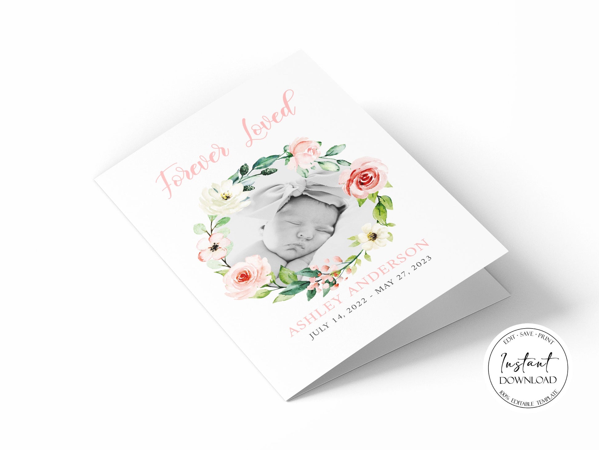 Forever Loved Child Baby Girl Blush Pink Roses Greenery Funeral Program Template, Child Funeral, Girl Funeral Program, Baby Memorial Program Funeral for baby