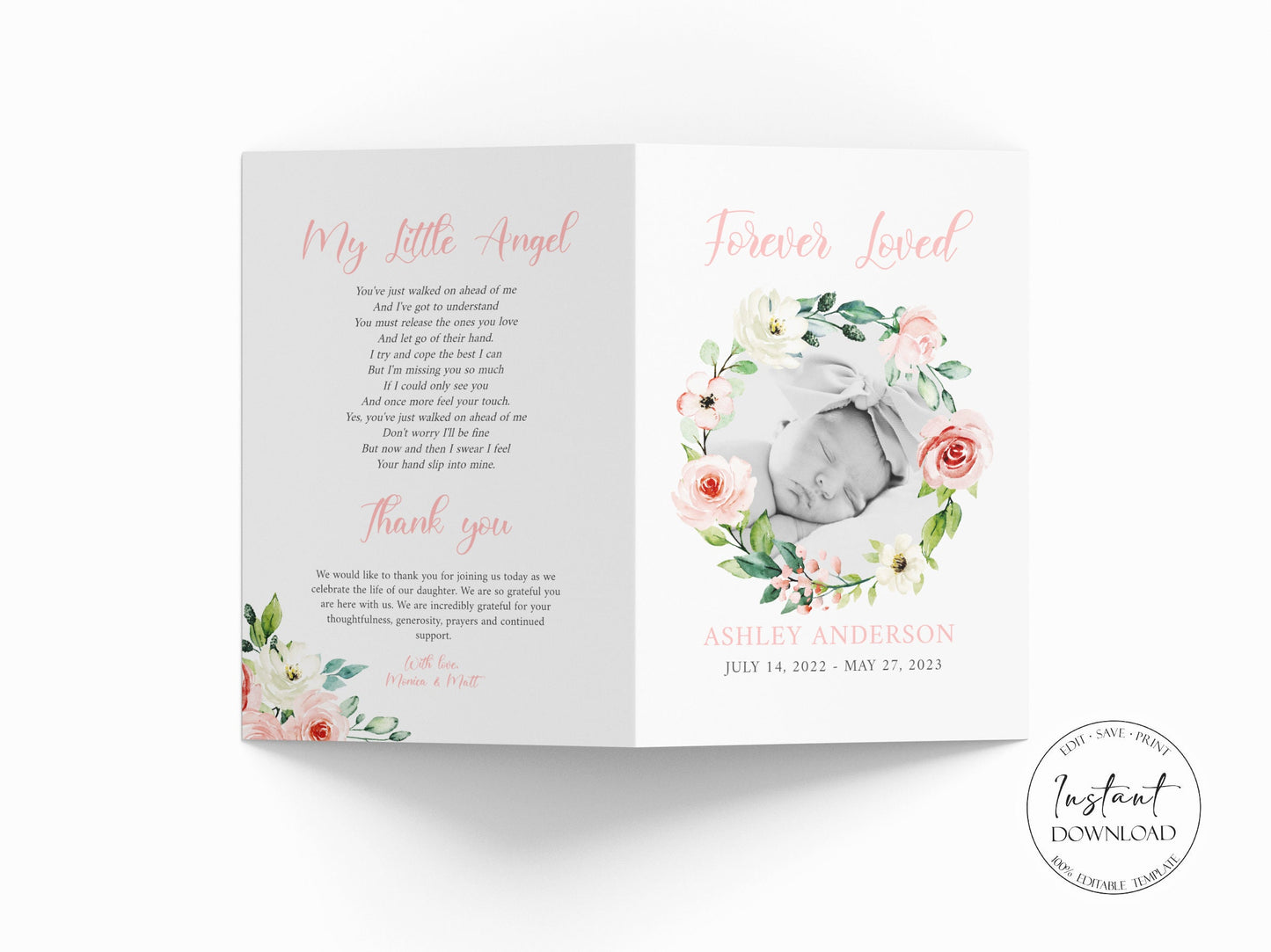 Forever Loved Child Baby Girl Blush Pink Roses Greenery Funeral Program Template, Child Funeral, Girl Funeral Program, Baby Memorial Program Funeral for baby