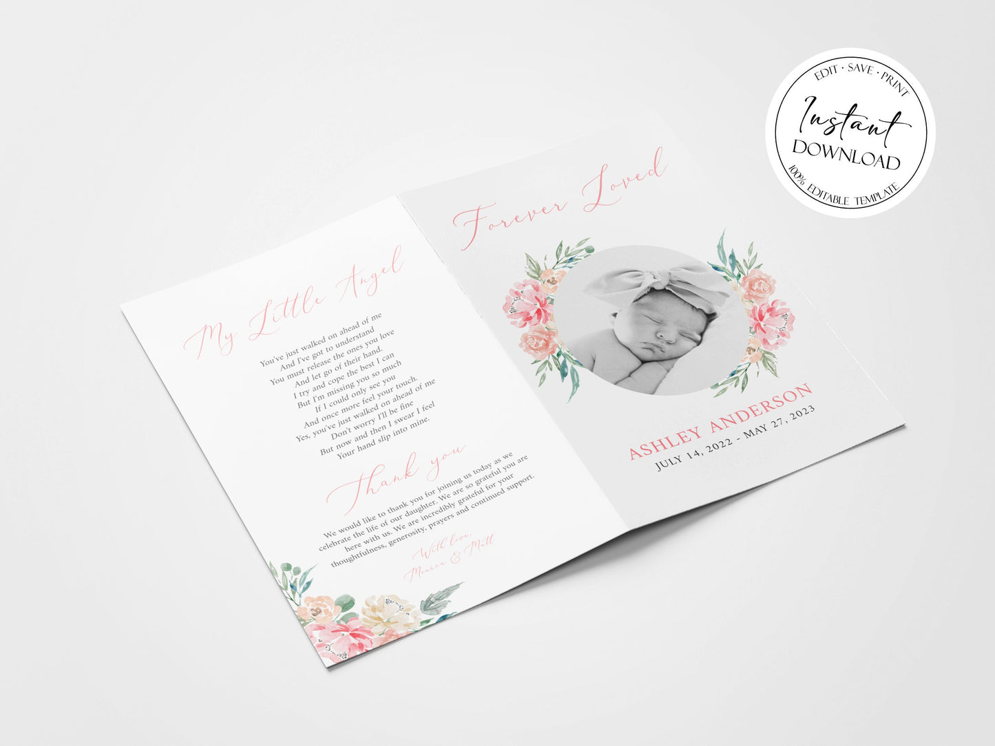 Forever Loved Child Baby Girl Blush Pink Roses Greenery Funeral Program Template, Child Funeral, Girl Funeral Program, Baby Memorial Program Funeral for baby