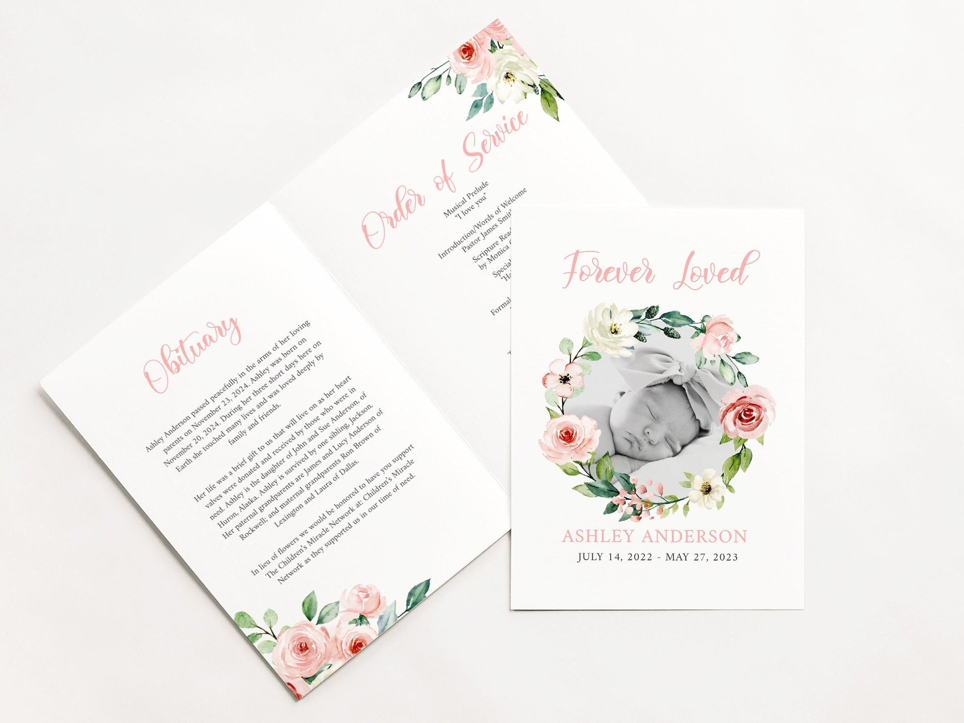 Forever Loved Child Baby Girl Blush Pink Roses Greenery Funeral Program Template, Child Funeral, Girl Funeral Program, Baby Memorial Program Funeral for baby