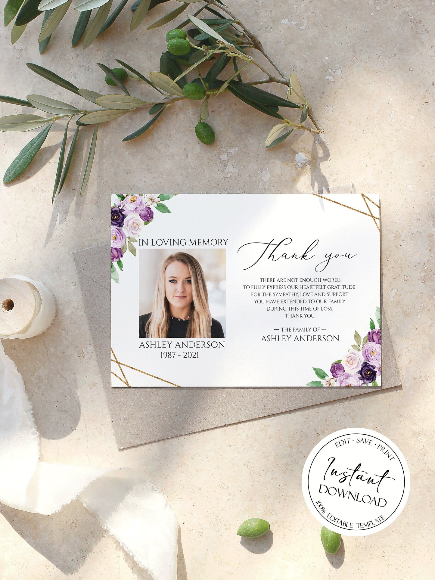 Funeral thank you, Celebration of life, Funeral Thank You Photo, Memorial Card, Printable Thank You Card Template, Editable Sympathy Card Celebration of life Purple Floral Funeral Photo Thank You Card Template P1