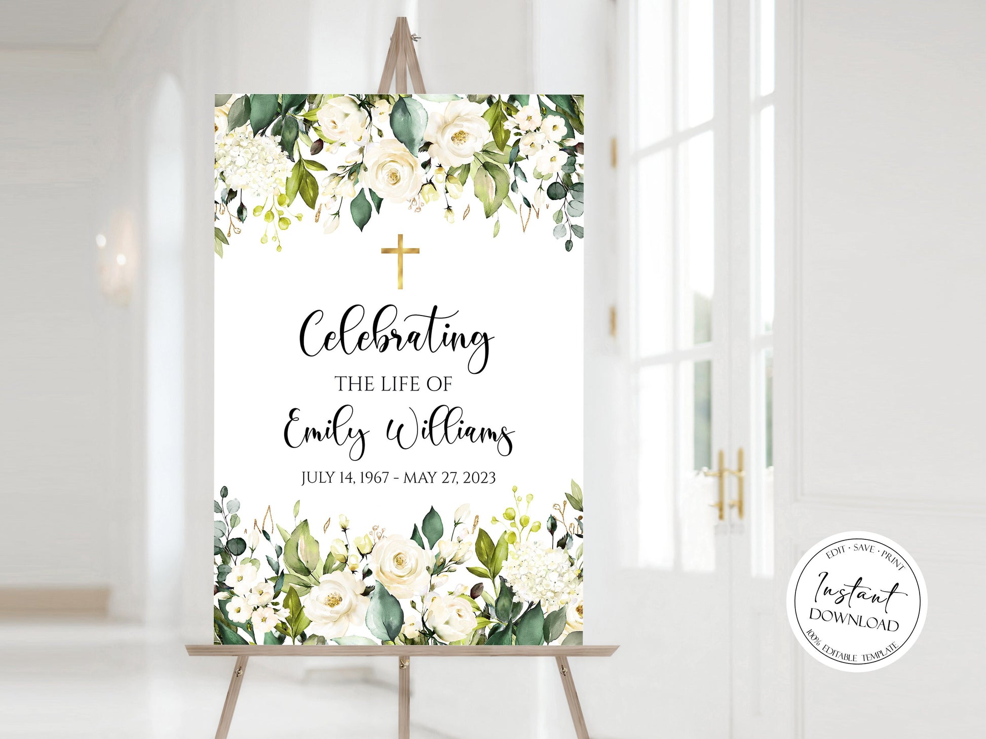 Celebration Of Life White Greenery Floral Gold Cross Funeral Welcome Sign Template Gold Cross Memorial Sign, Memorial Poster, Editable Funeral Poster