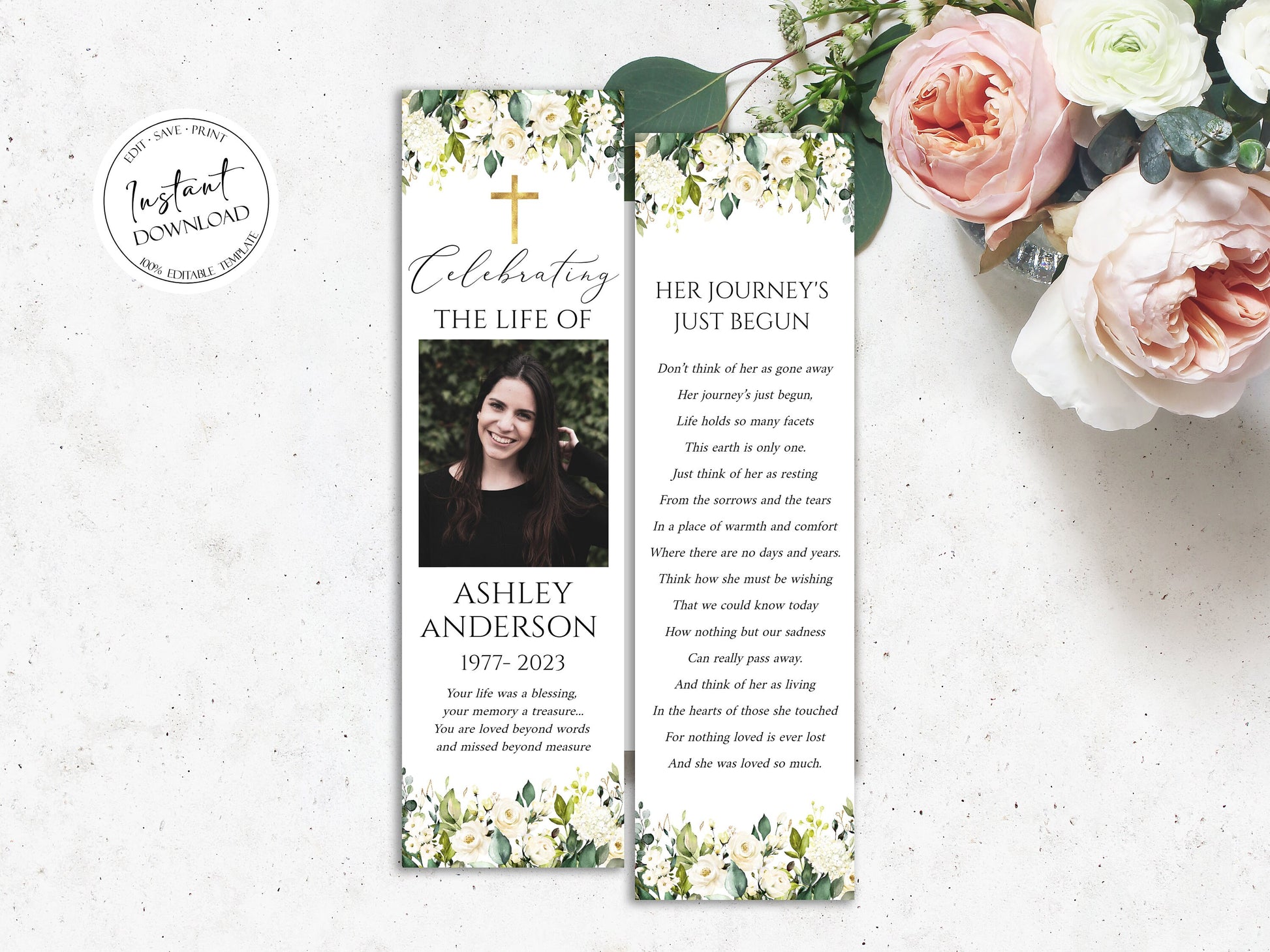 Celebration of Life White Greenery Floral Gold Cross Funeral Bookmark Template, Gold Cross Memorial Bookmark Catholic Funeral Keepsake Bookmark for funeral Funeral Favor