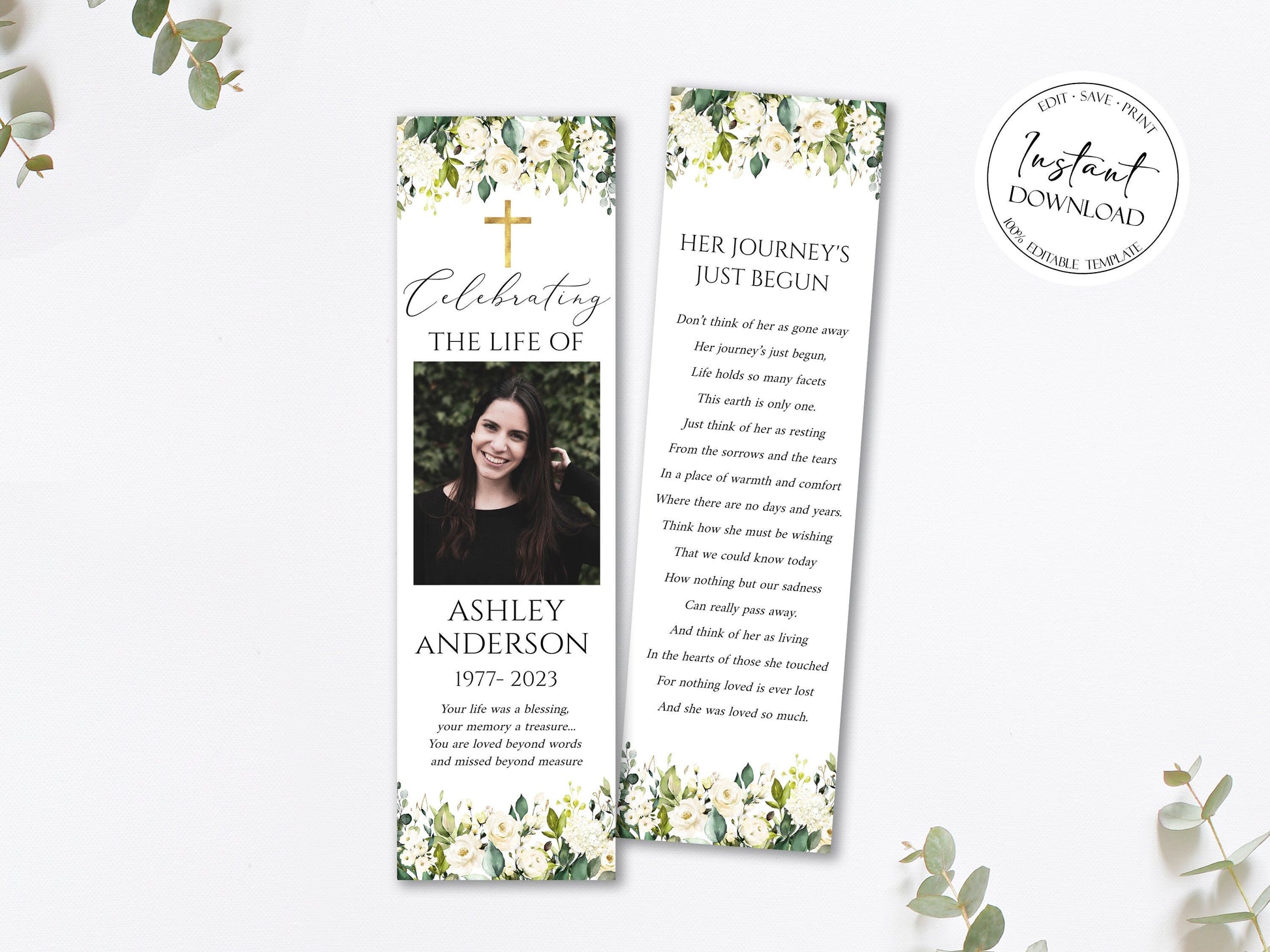 Celebration of Life White Greenery Floral Gold Cross Funeral Bookmark Template, Gold Cross Memorial Bookmark Catholic Funeral Keepsake Bookmark for funeral Funeral Favor