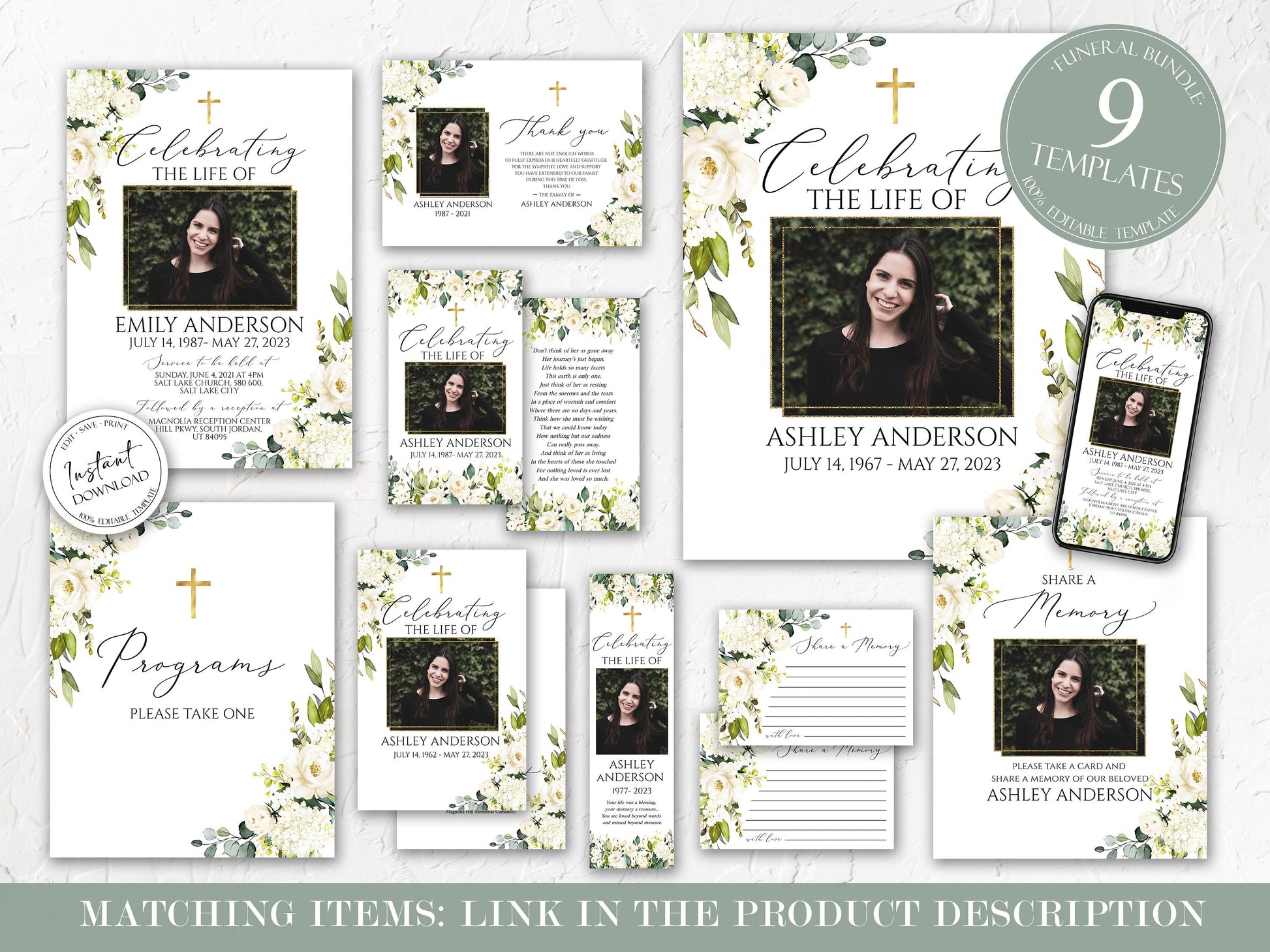 Celebration of life White Greenery Floral Gold Cross Funeral Prayer Card Template , Printable White Greenery Floral Memorial Prayer Cards, Gold Cross Catholic Mass Card 