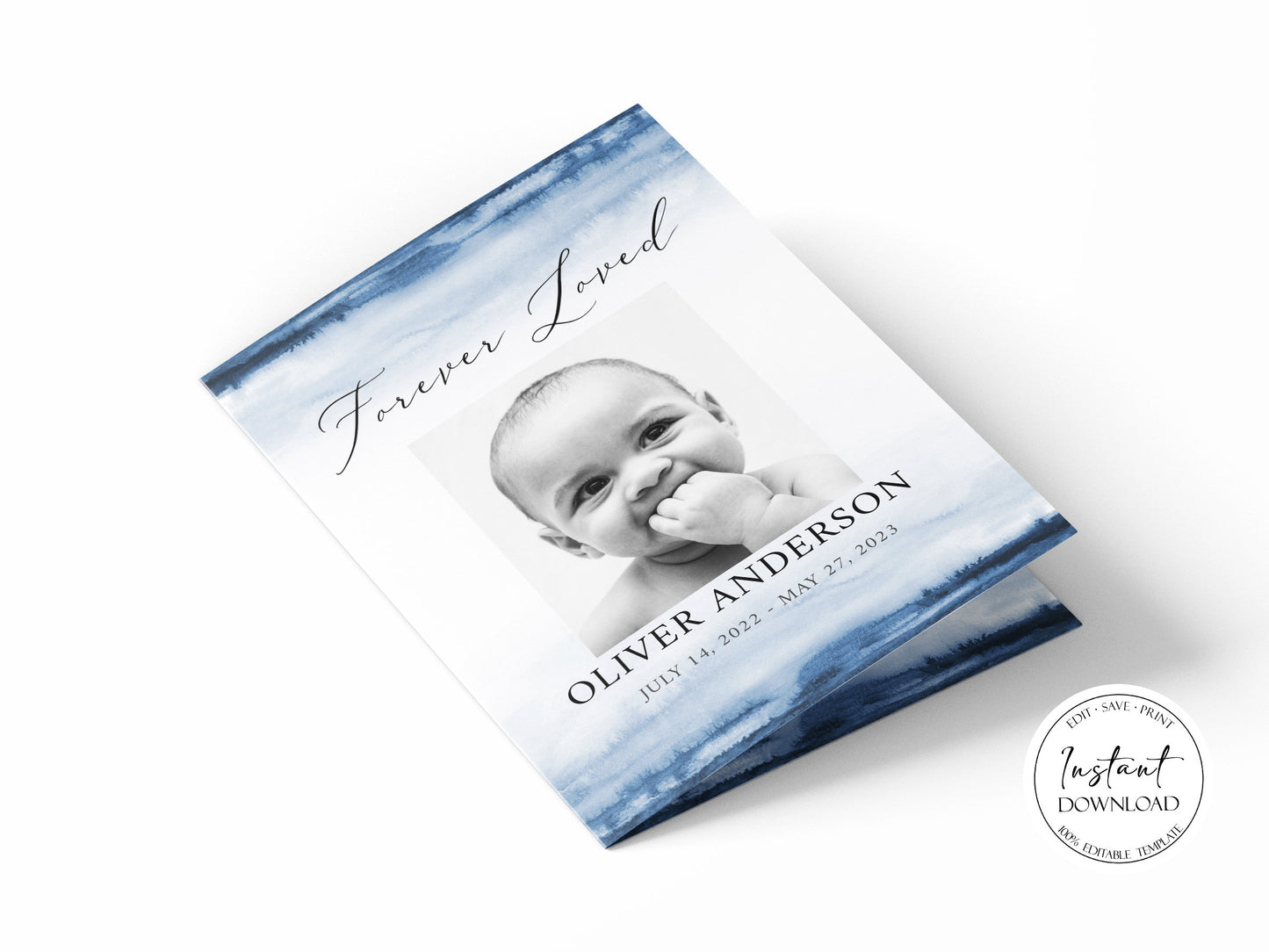 Blue Watercolor Celebration of Life Funeral Program Template B4