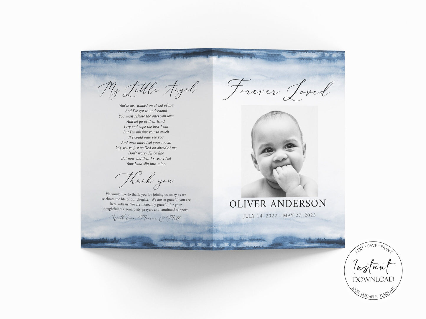 Blue Watercolor Celebration of Life Funeral Program Template B4