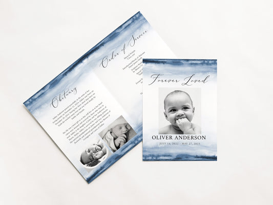 Blue Watercolor Celebration of Life Funeral Program Template B4