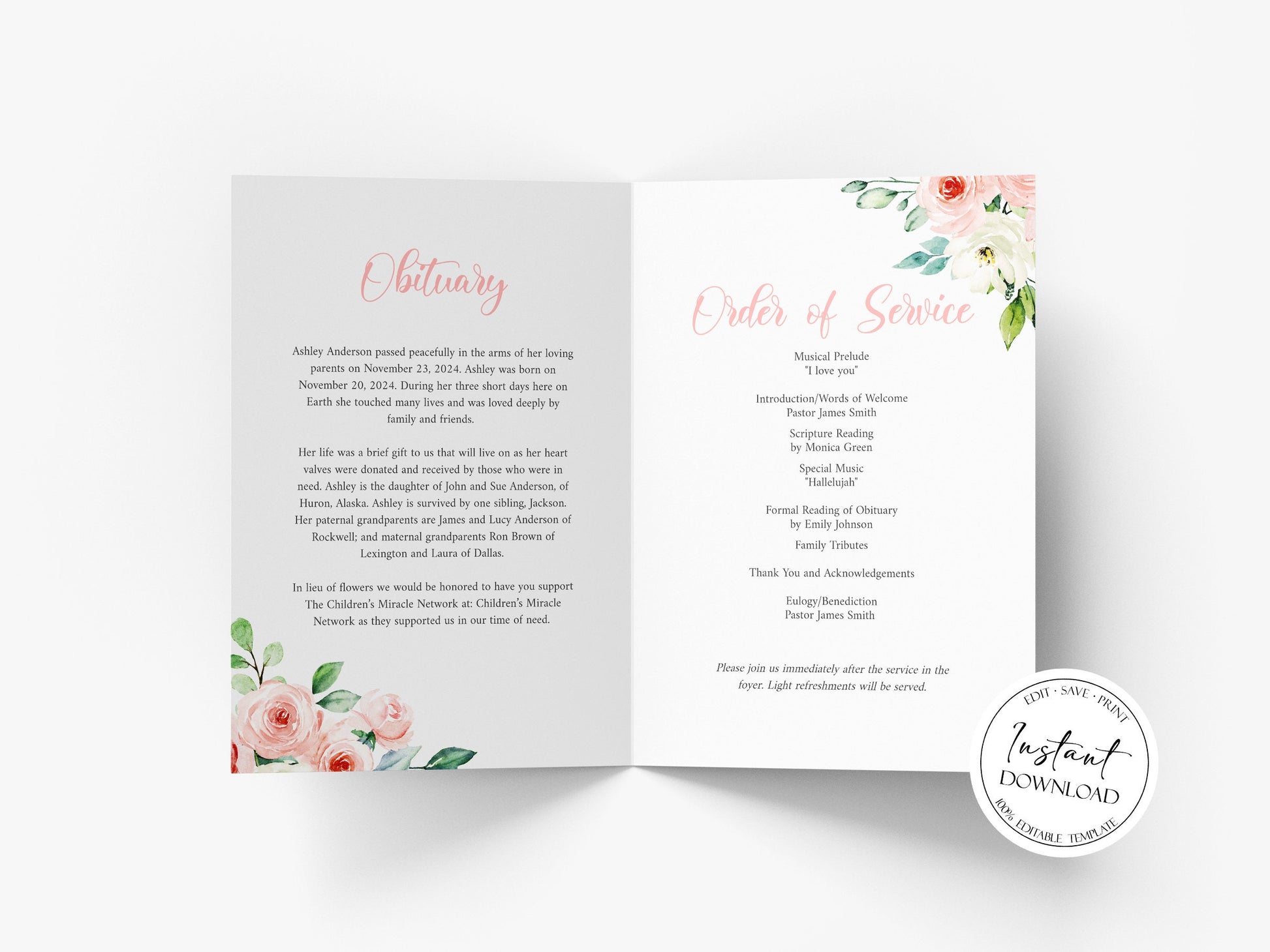 Forever Loved Child Baby Girl Blush Pink Roses Greenery Funeral Program Template, Child Funeral, Girl Funeral Program, Baby Memorial Program Funeral for baby