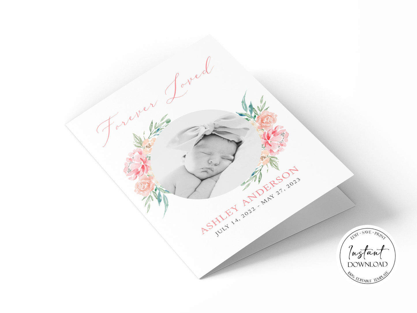 Forever Loved Child Baby Girl Blush Pink Roses Greenery Funeral Program Template, Child Funeral, Girl Funeral Program, Baby Memorial Program Funeral for baby