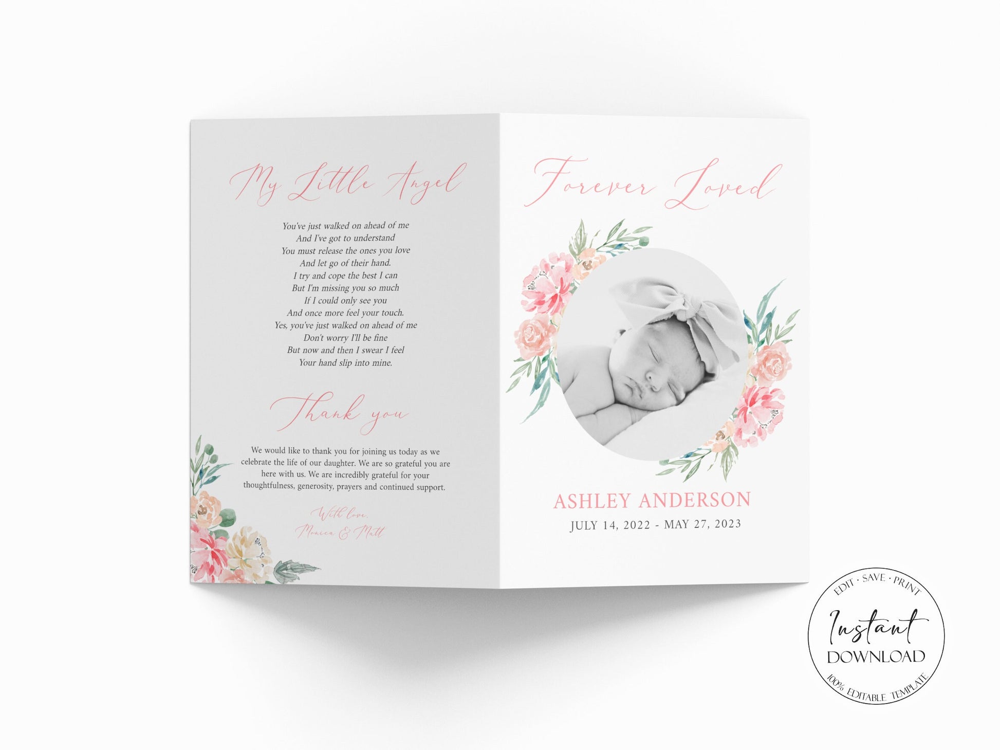 Forever Loved Child Baby Girl Blush Pink Roses Greenery Funeral Program Template, Child Funeral, Girl Funeral Program, Baby Memorial Program Funeral for baby