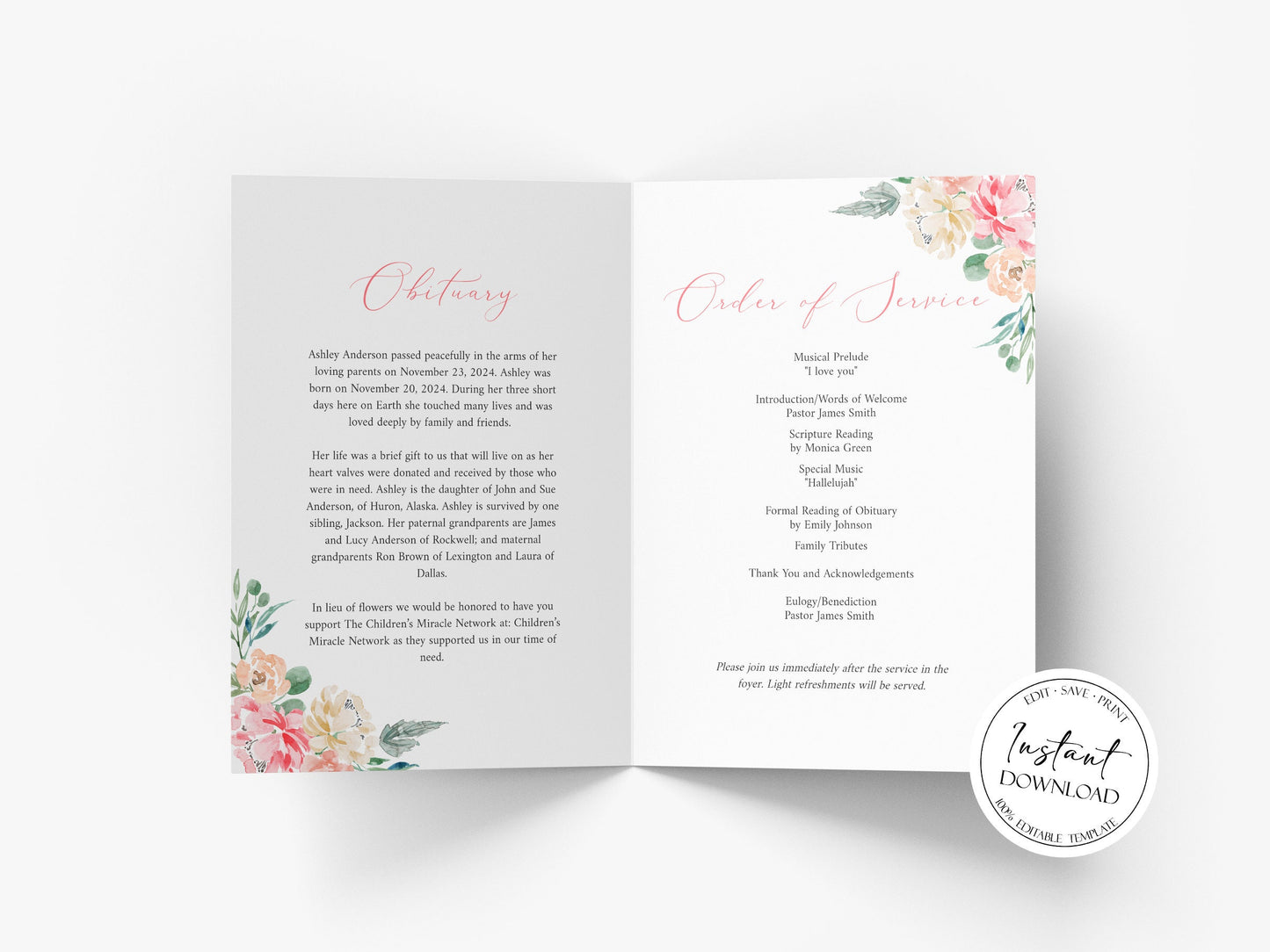 Forever Loved Child Baby Girl Blush Pink Roses Greenery Funeral Program Template, Child Funeral, Girl Funeral Program, Baby Memorial Program Funeral for baby