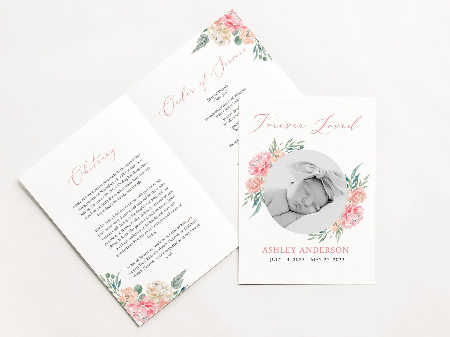 Forever Loved Child Baby Girl Blush Pink Roses Greenery Funeral Program Template, Child Funeral, Girl Funeral Program, Baby Memorial Program Funeral for baby