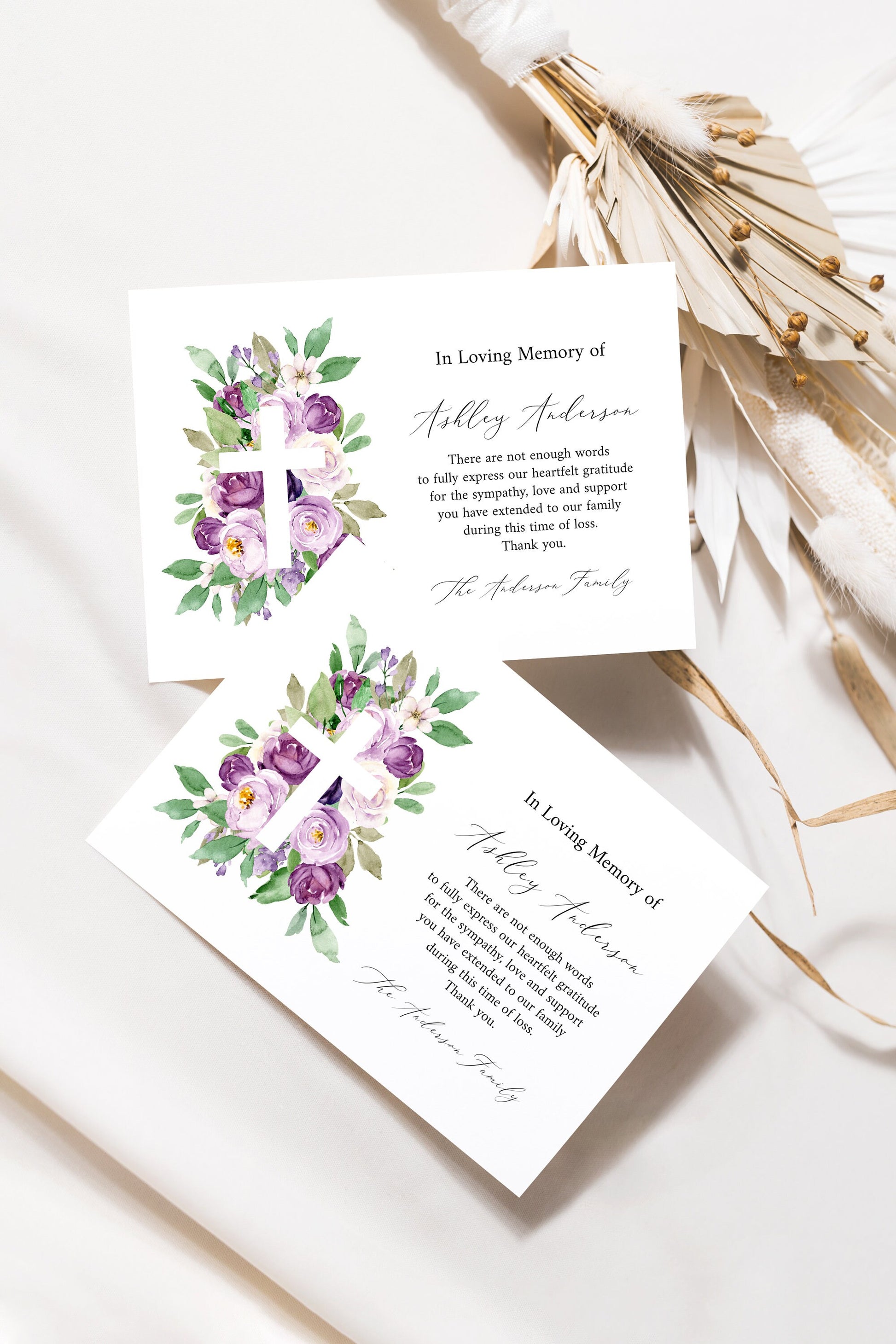 In Loving Memory of Funeral Thank You, Memorial Card, Printable Purple Cross Funeral Thank You Card Template, Editable Sympathy Card, P1