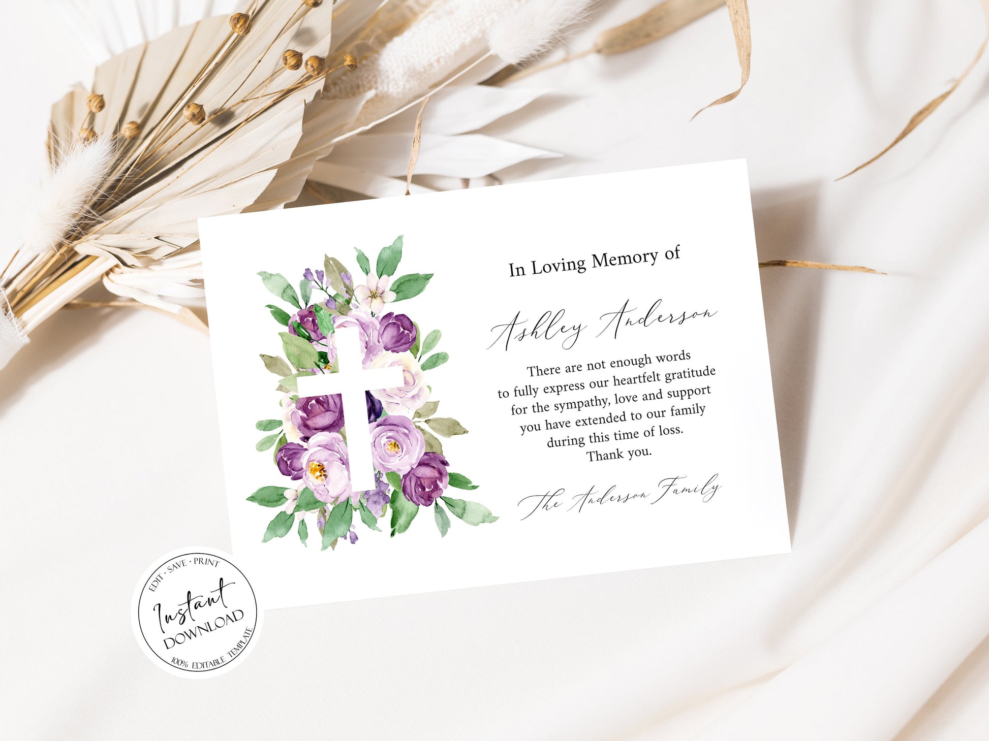 In Loving Memory of Funeral Thank You, Memorial Card, Printable Purple Cross Funeral Thank You Card Template, Editable Sympathy Card, P1