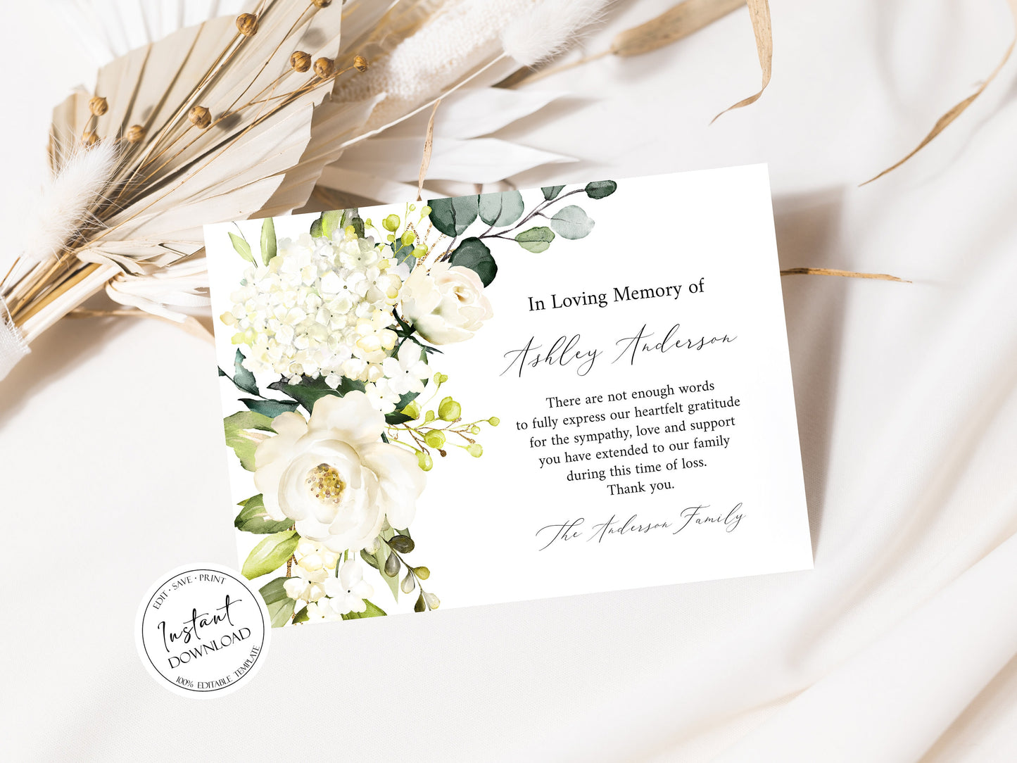 In Loving Memory White Greenery Floral Gold Cross Funeral Thank you Card Template W3