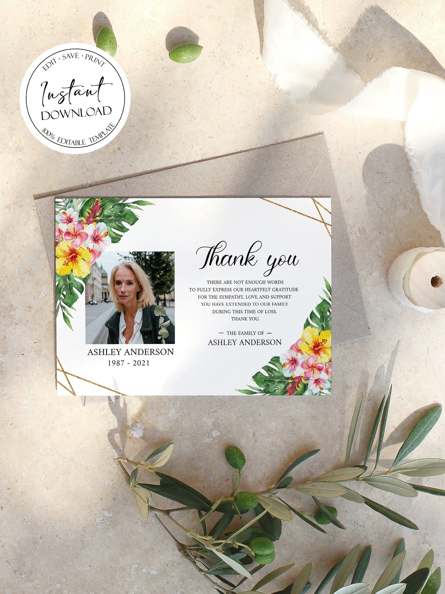 Celebration of life Tropical Hawaiian Plumeria Funeral Photo Thank You Card Template Celebration of life Funeral Photo Thank You, Printable Memorial Thank You Card, Sympathy Card H1