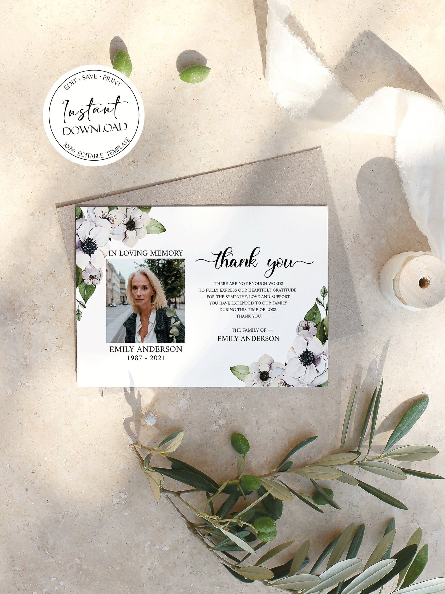 Celebration of life Purple Floral Greenery Funeral Photo Thank You Card Template, Purple Floral Memorial Card, Sympathy Card, Condolence Thank You Card P3