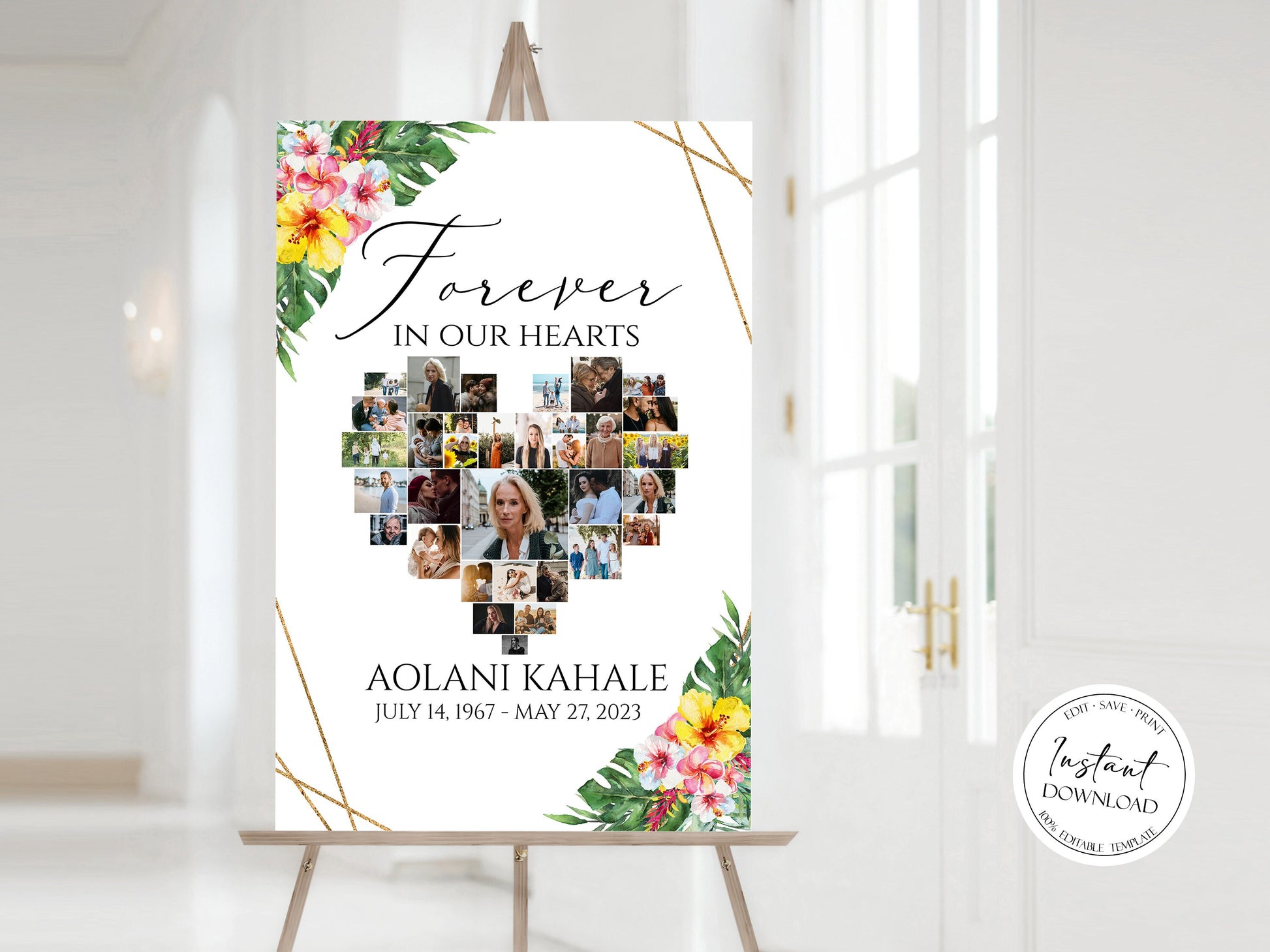 Forever in our Heart Tropical Hawaiian Plumeria Heart Photo Collage Funeral Welcome Sign Templates, Hawaiian Funeral Heart Photo Collage Poster, Heart Memorial Sign, Memorial Sign H1