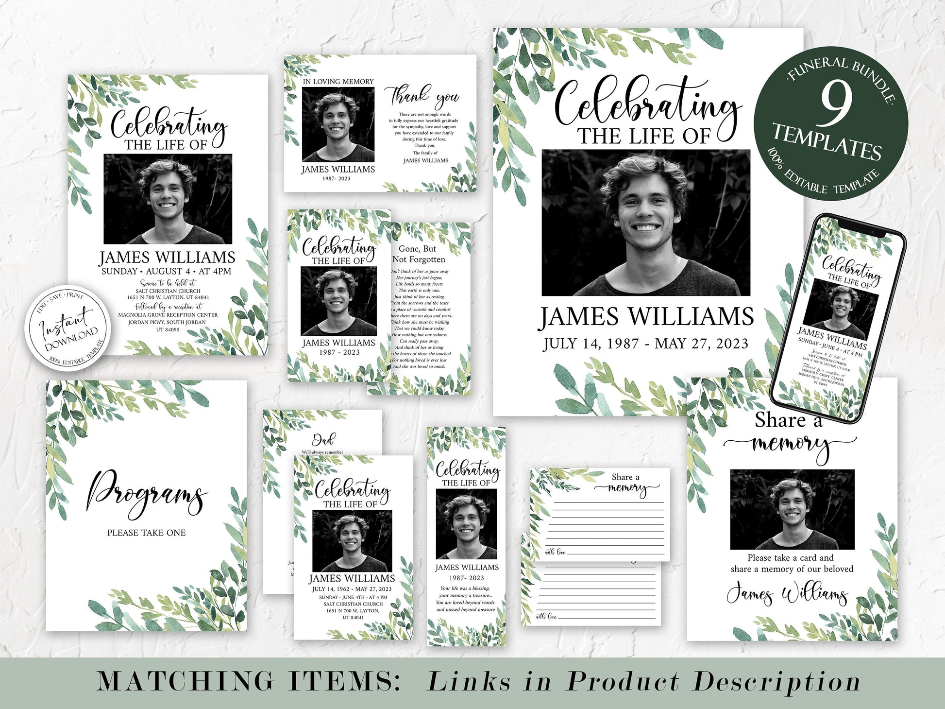 Celebration of life Watercolor Greenery Digital Funeral Invitation Template, Greenery Funeral Announcement, Greenery Memorial Evite, Electronic Greenery Funeral Invite G2