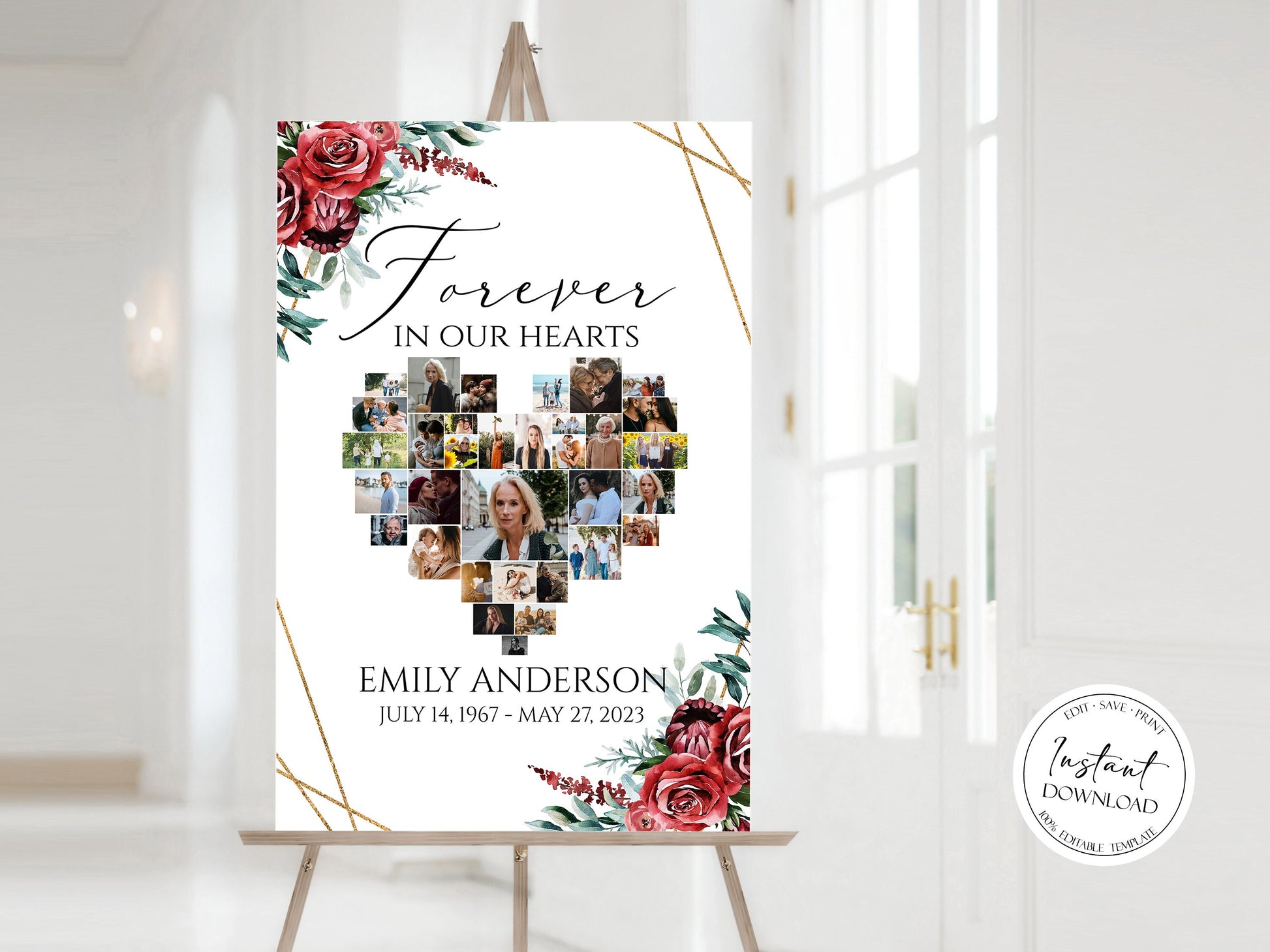 Celebration Of Life Heart Funeral Welcome Sign, Burgundy Funeral Photo Collage Poster Red Roses Heart Memorial Sign Forever in our Hearts R2