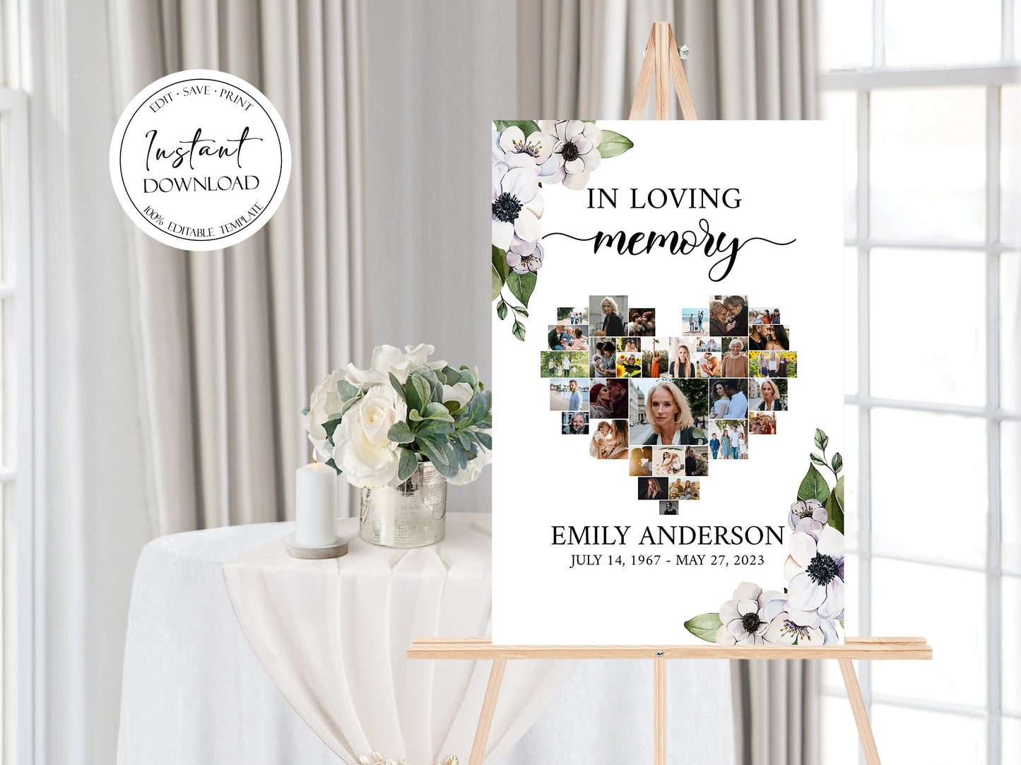 Forever in our Hearts Purple Floral Greenery Heart Photo Collage Funeral Welcome Sign Template, Editable Purple Floral Hearts Memorial Photo Collage Poster 