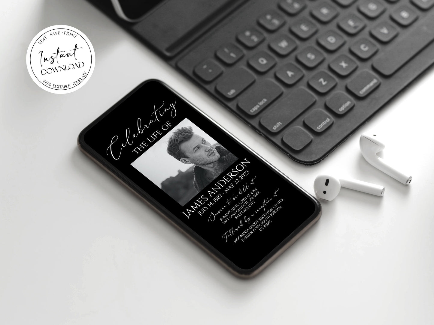 Celebration of life Minimalist Elegant Black Digital Funeral Invitation, Electronic Funeral Invite, Memorial Evite, Digital Memorial Invitation B7