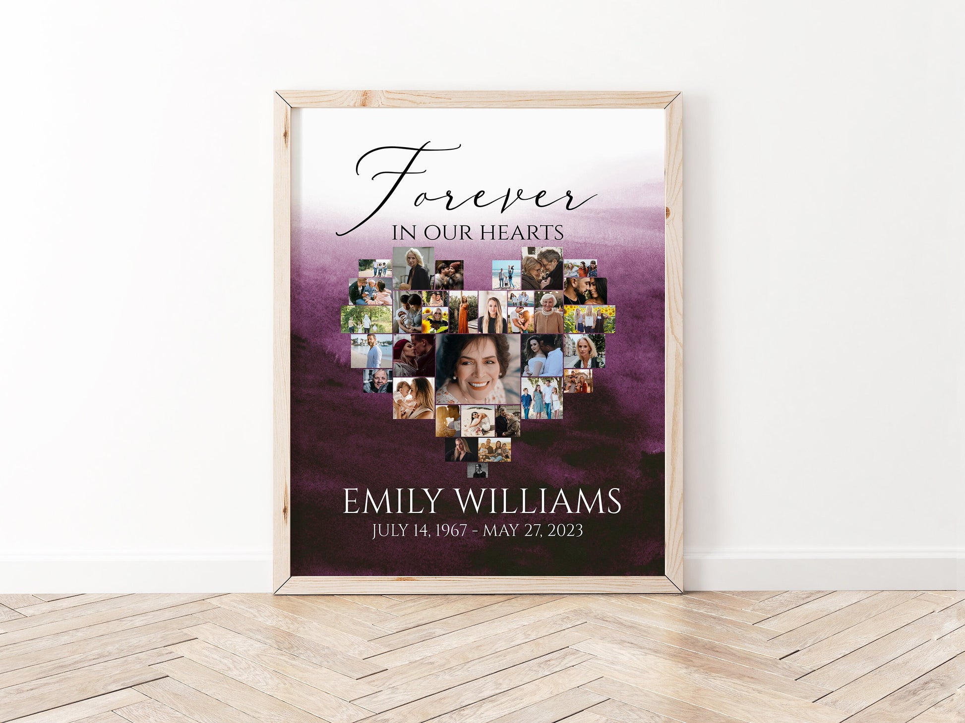 Forever in our Hearts Pink Fuchsia Watercolor Heart Photo Collage Funeral Welcome Sign Template, Editable Heart Funeral Photo Collage Poster, Purple Memorial Sign