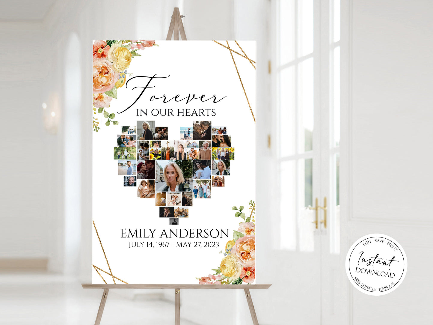 Forever in our Hearts Elegant Yellow Pink Floral Heart Photo Collage Funeral Welcome Sign Template, Editable Elegant Heart Funeral Photo Collage Poster Heart Memorial Sign