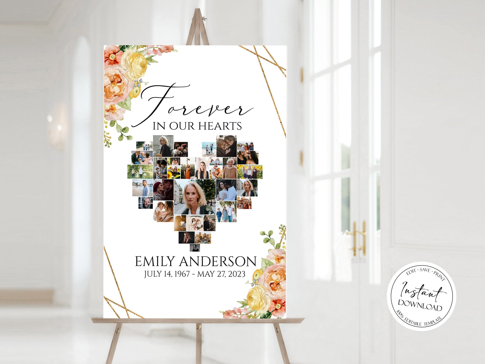 Forever in our Hearts Elegant Yellow Pink Floral Heart Photo Collage Funeral Welcome Sign Template, Editable Elegant Heart Funeral Photo Collage Poster Heart Memorial Sign