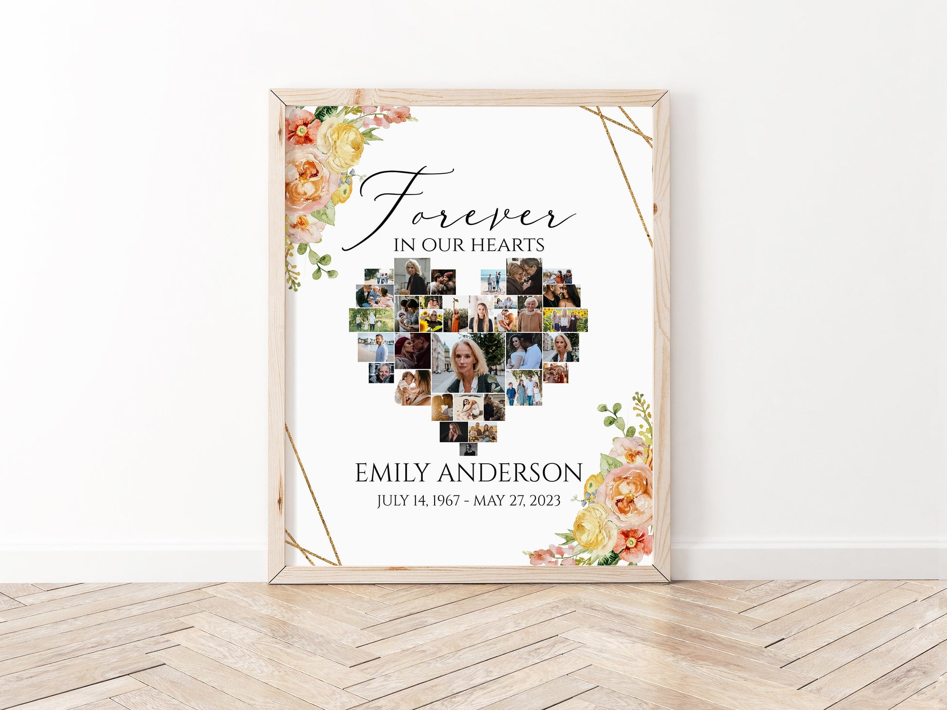 Forever in our Hearts Elegant Yellow Pink Floral Heart Photo Collage Funeral Welcome Sign Template, Editable Elegant Heart Funeral Photo Collage Poster Heart Memorial Sign