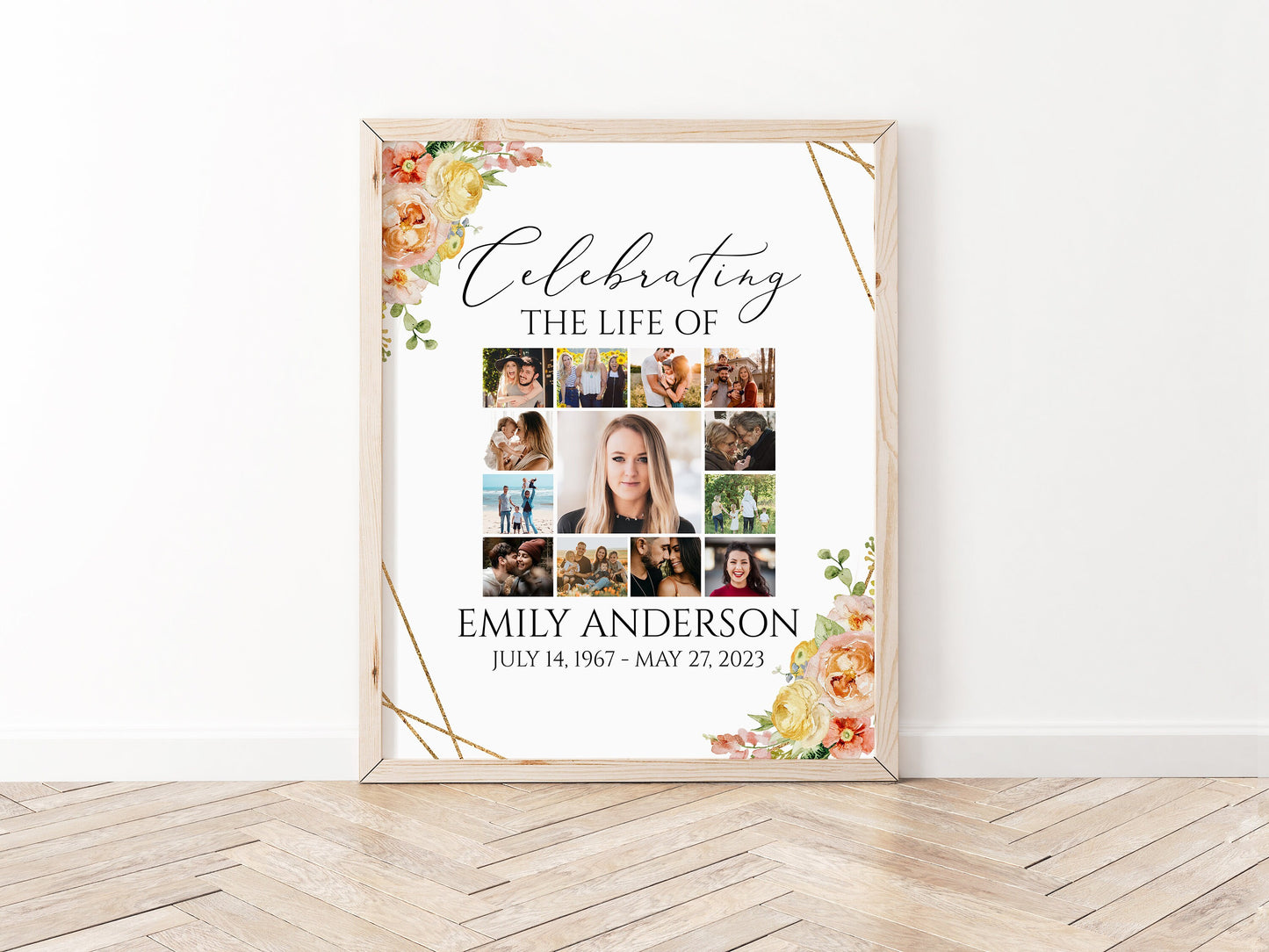 Celebration Of Life Elegant Yellow Pink Floral Photo Collage Funeral Welcome Sign Yellow Pink Photo Collage Funeral Poster, Yellow Pink Photo Collage Memorial Sign