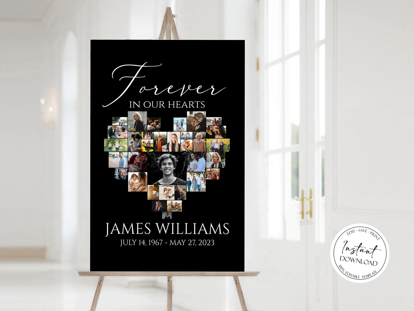 Forever in our Hearts Minimalist Elegant Black Heart Photo Collage Funeral Welcome Sign, Black Heart Funeral Photo Collage Poster, Black Memorial Sign B7